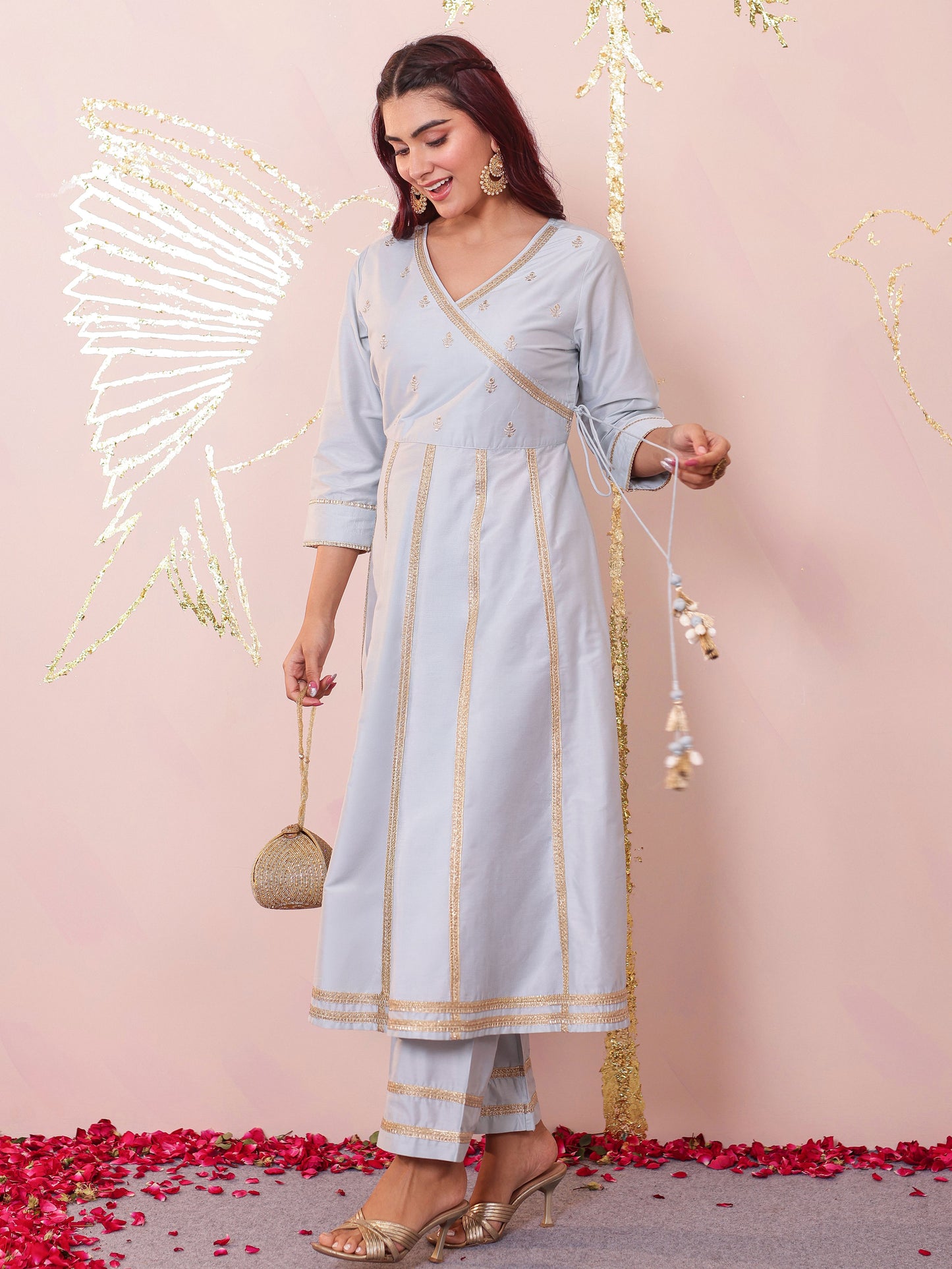 Embroidered Blended Silk Solid Flared Sky Blue Kurta