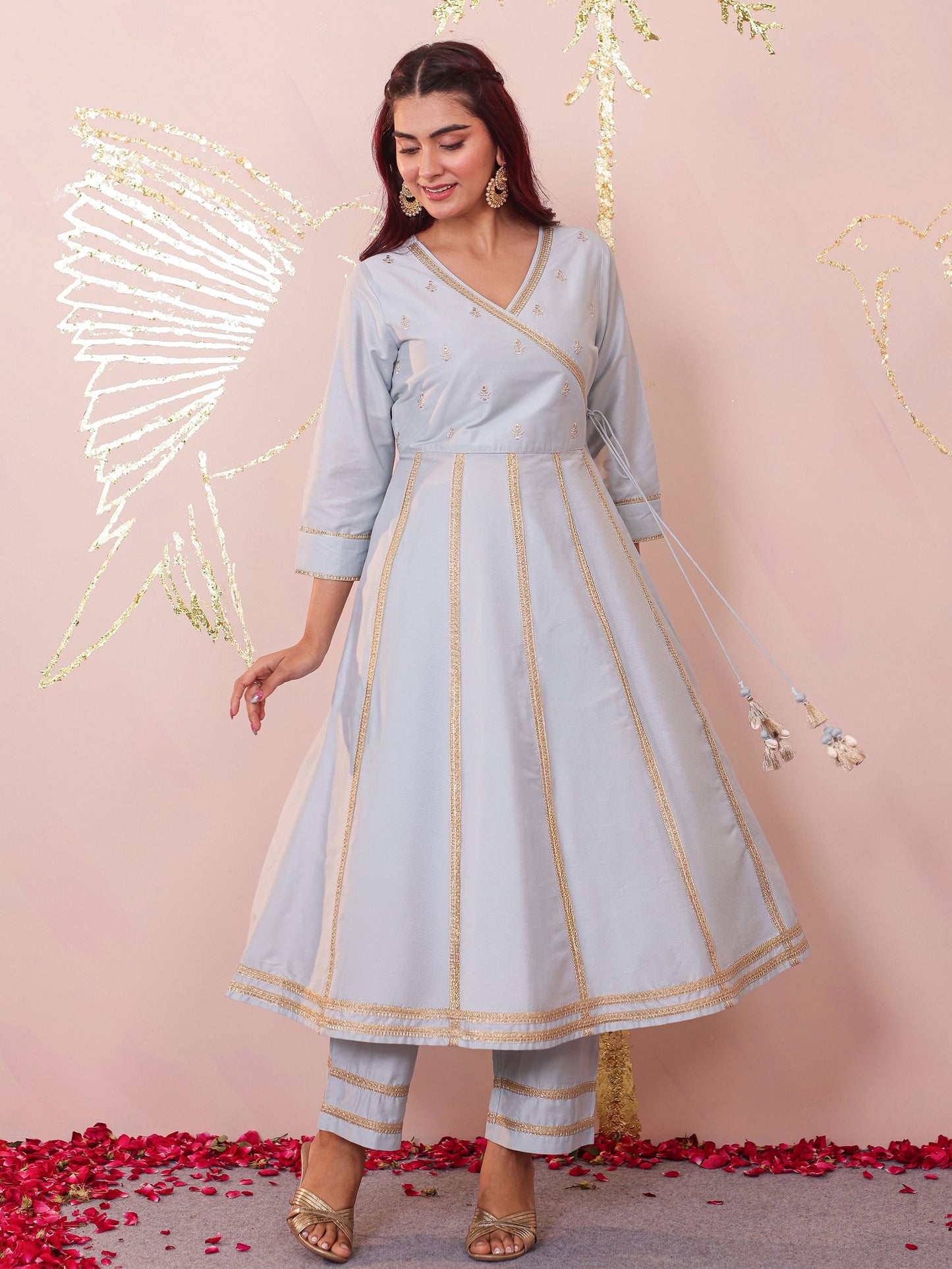 Embroidered Blended Silk Solid Flared Sky Blue Kurta