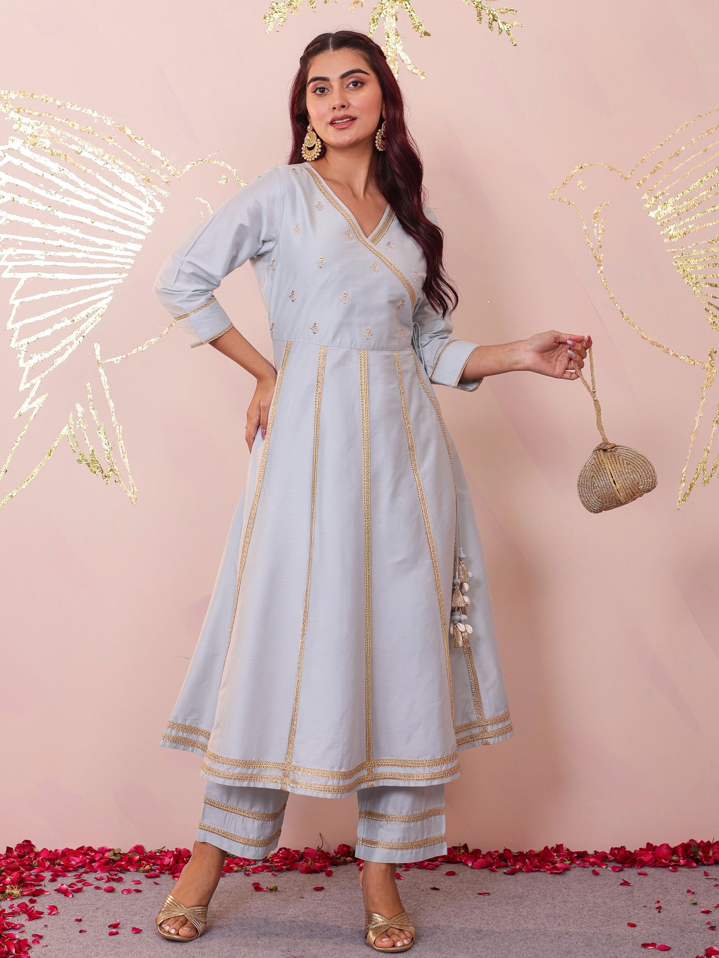 Embroidered Blended Silk Solid Flared Sky Blue Kurta