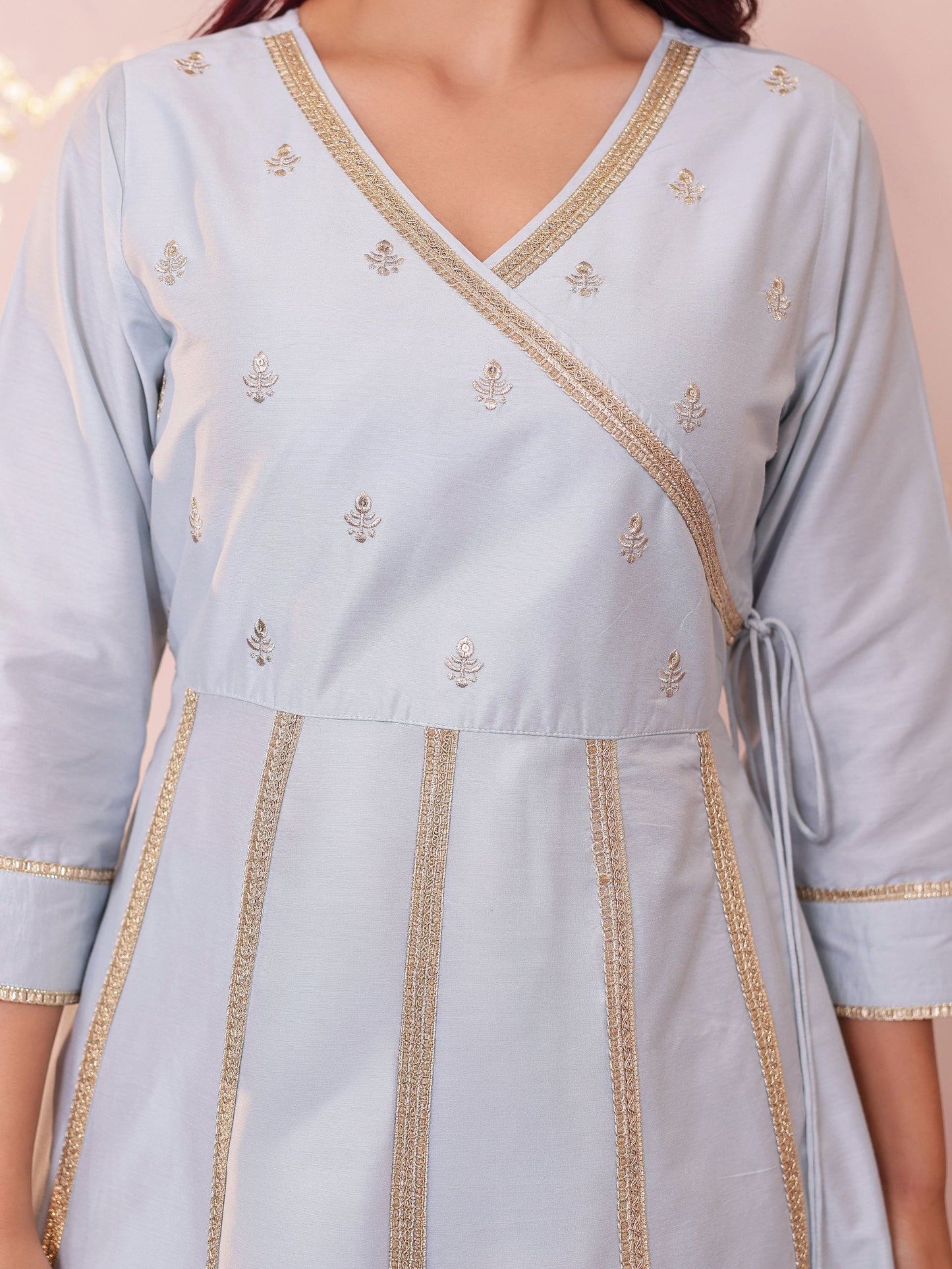 Embroidered Blended Silk Solid Flared Sky Blue Kurta