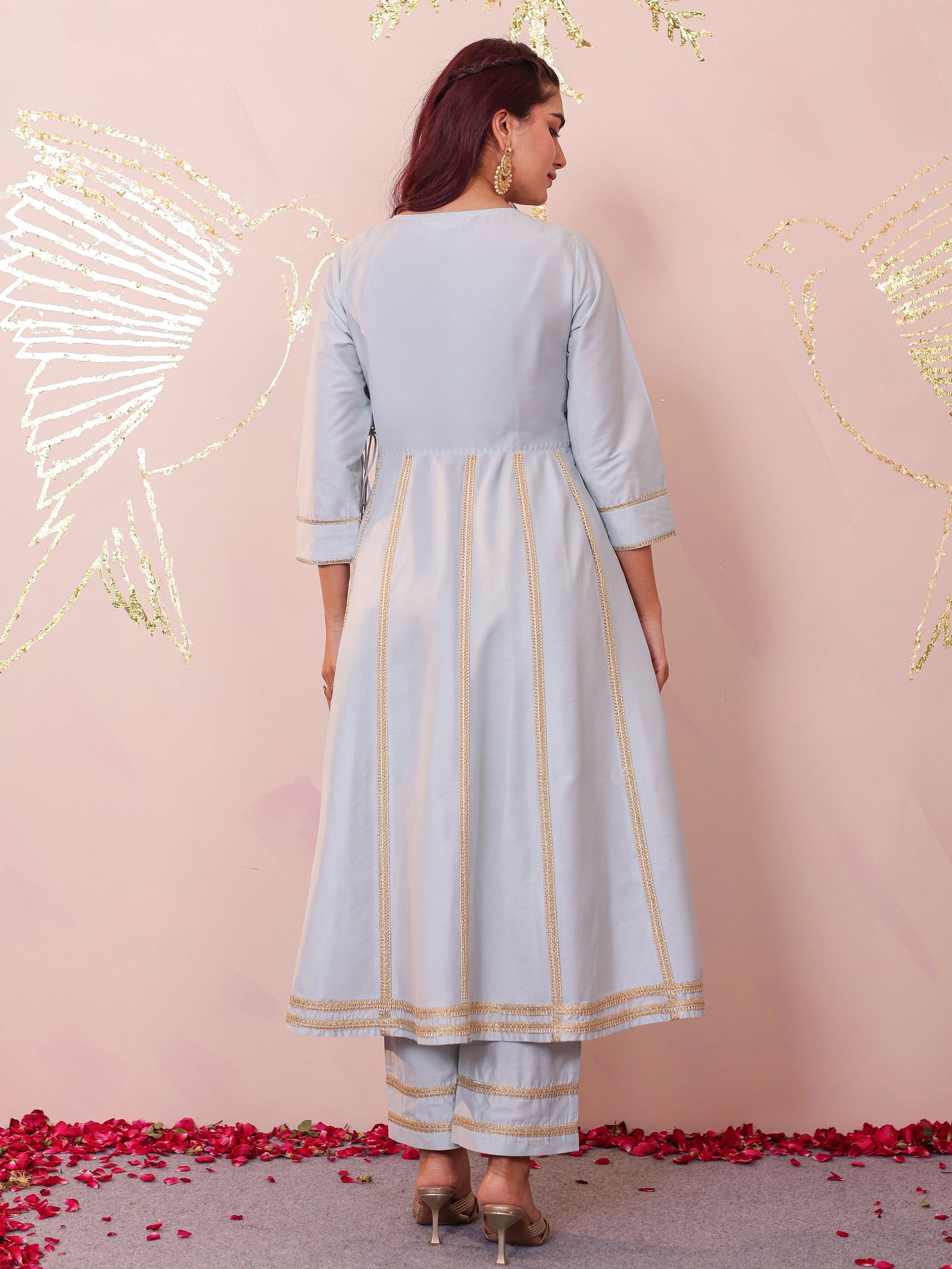 Embroidered Blended Silk Solid Flared Sky Blue Kurta