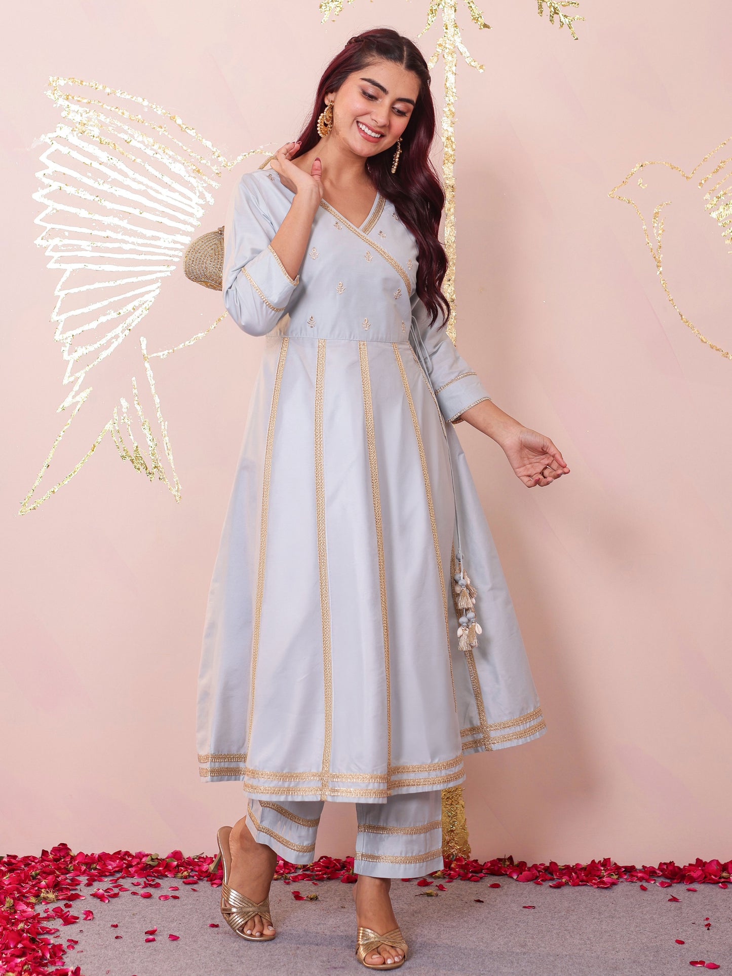 Embroidered Blended Silk Solid Flared Sky Blue Kurta