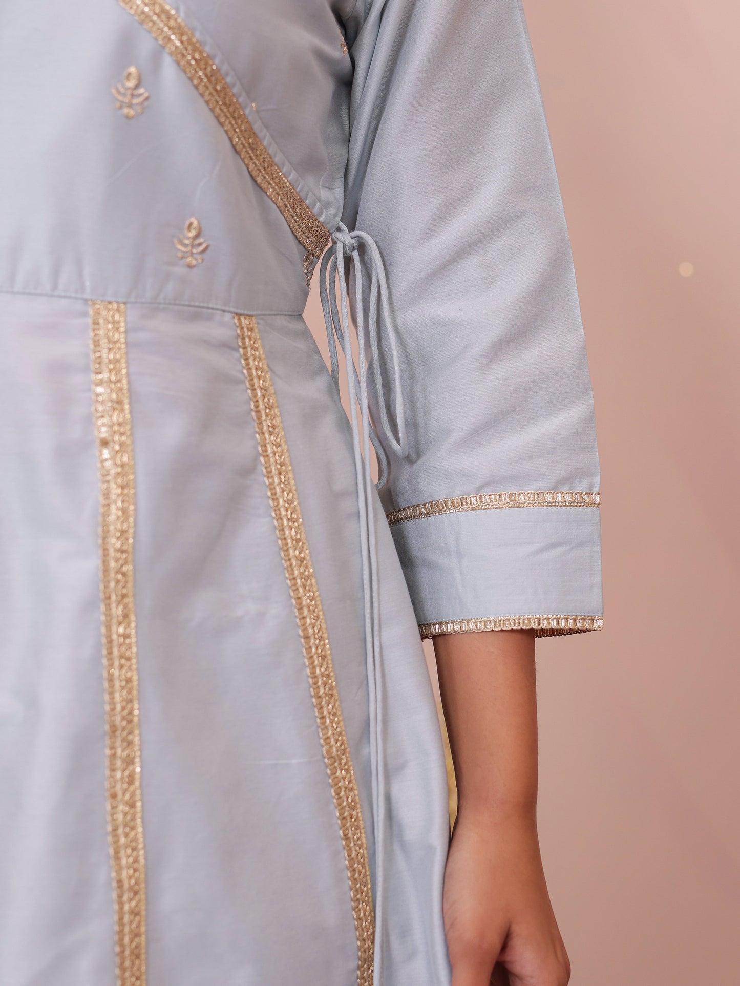 Embroidered Blended Silk Solid Flared Sky Blue Kurta
