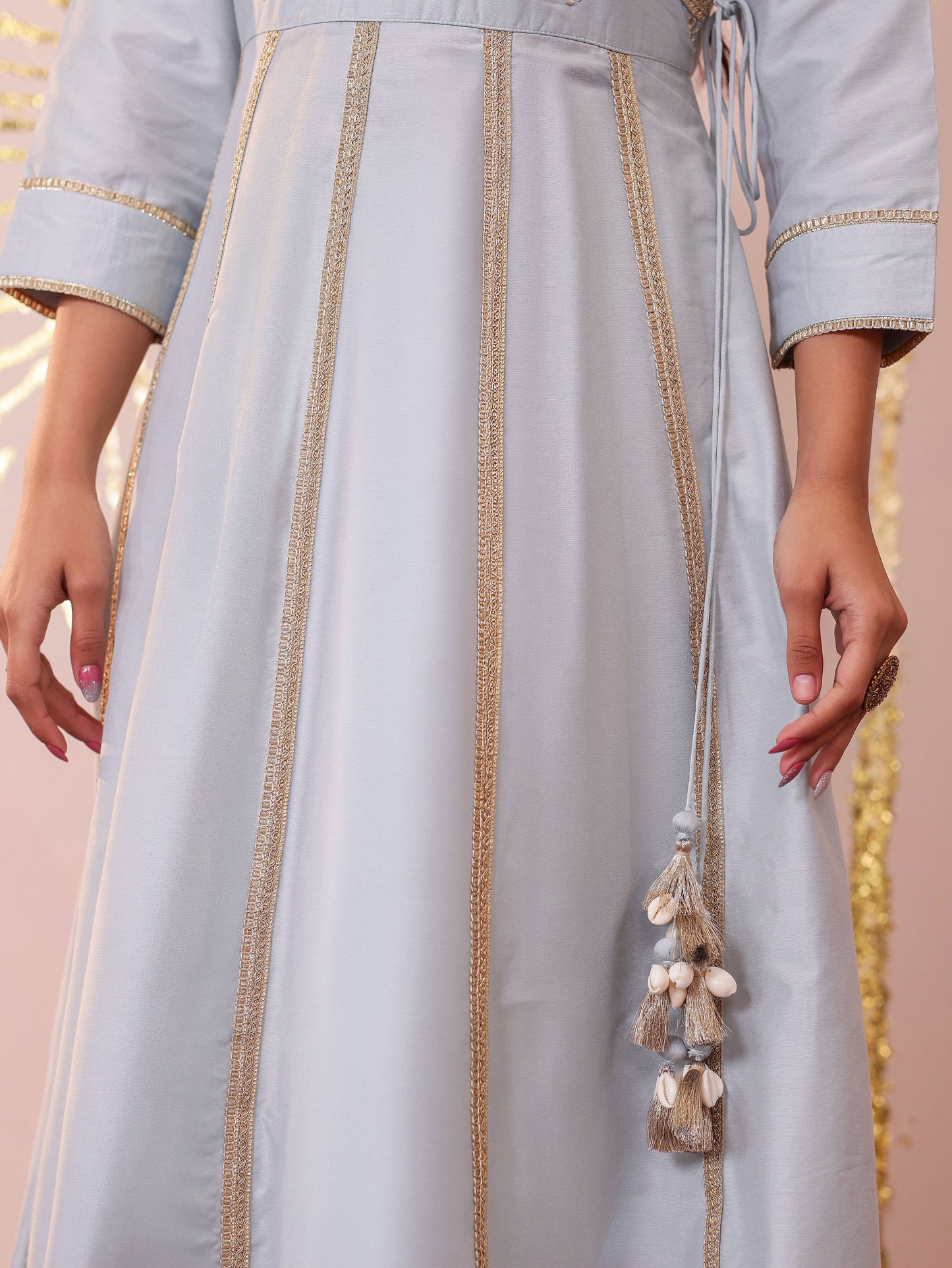 Embroidered Blended Silk Solid Flared Sky Blue Kurta