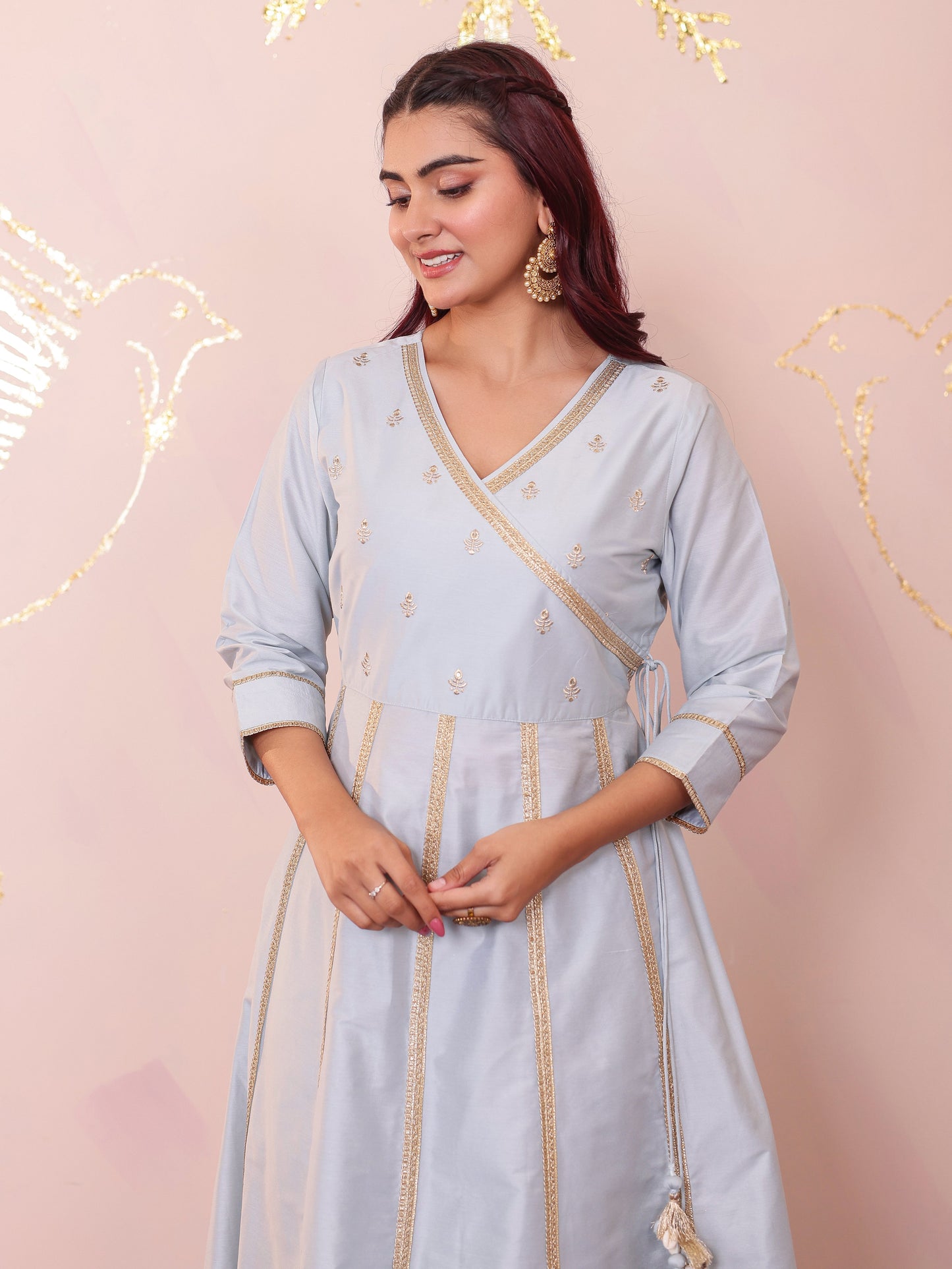 Embroidered Blended Silk Solid Flared Sky Blue Kurta