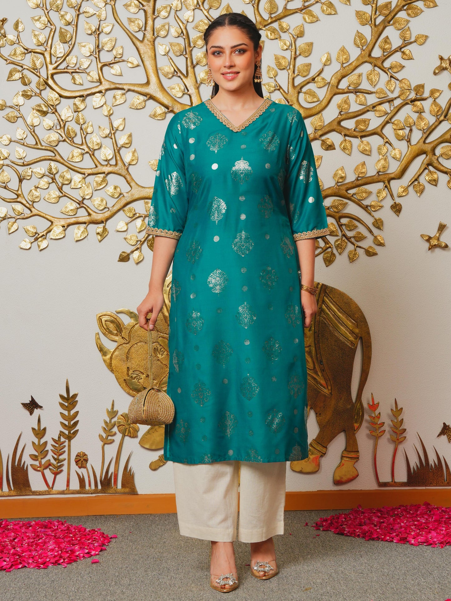 Chanderi Gold foil Straight Teal Kurta