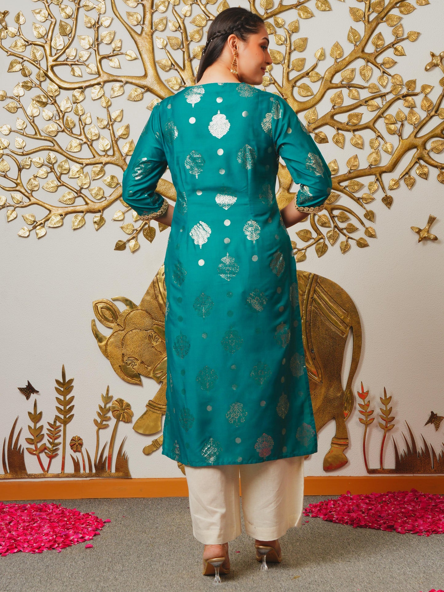Chanderi Gold foil Straight Teal Kurta