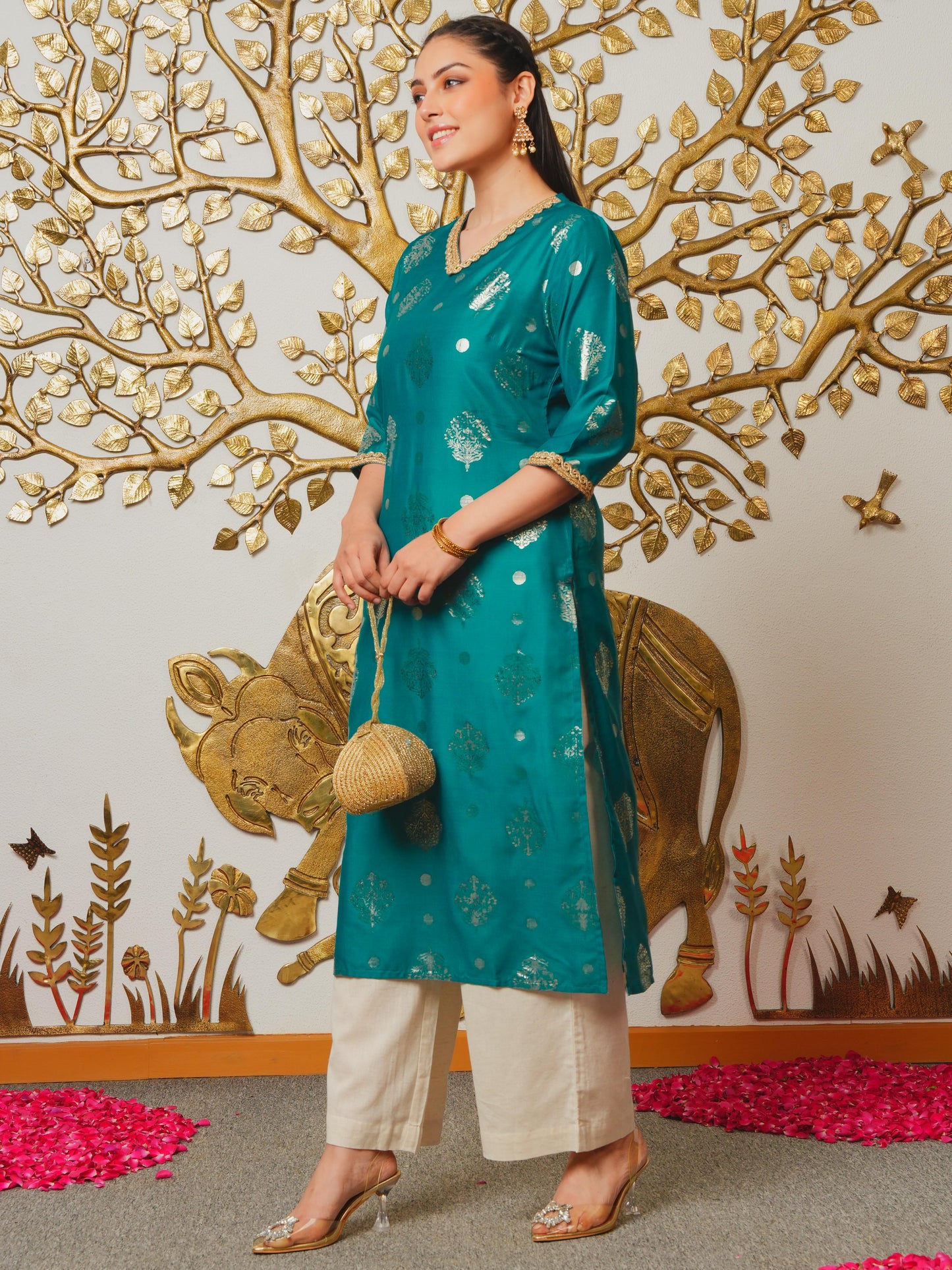 Chanderi Gold foil Straight Teal Kurta