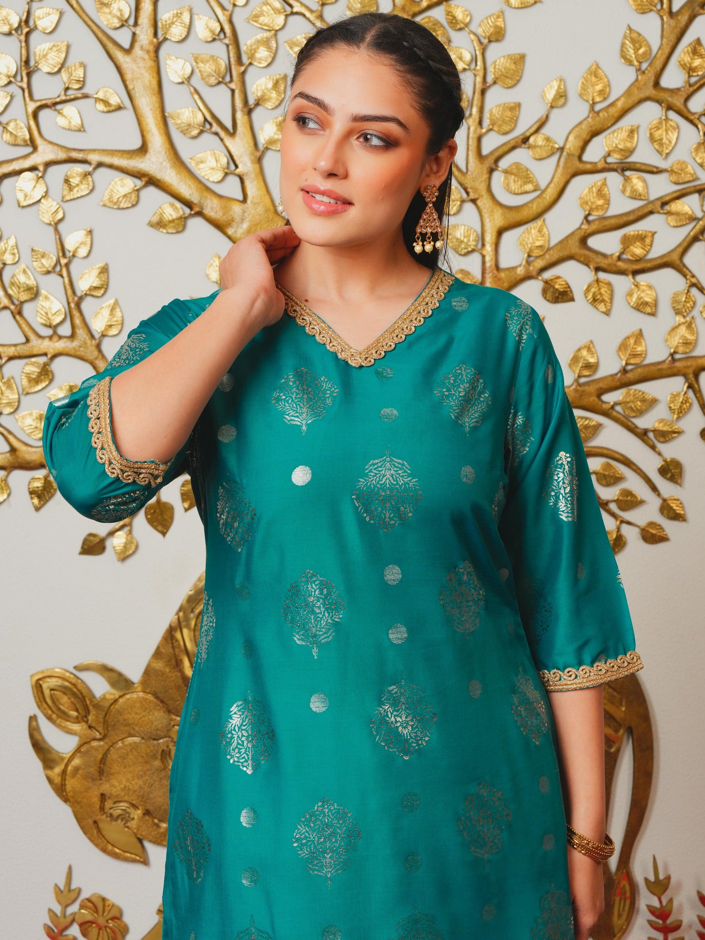 Chanderi Gold foil Straight Teal Kurta