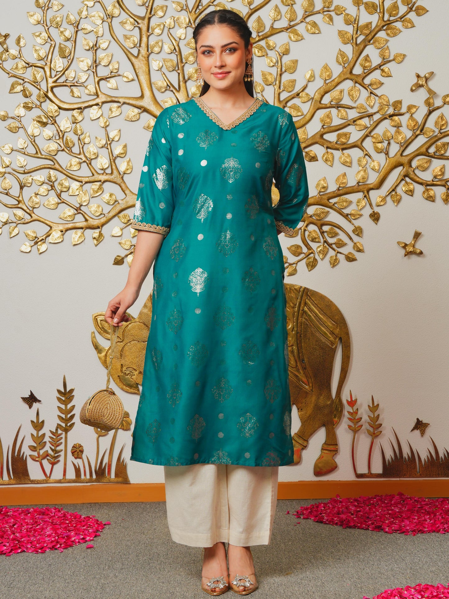 Chanderi Gold foil Straight Teal Kurta