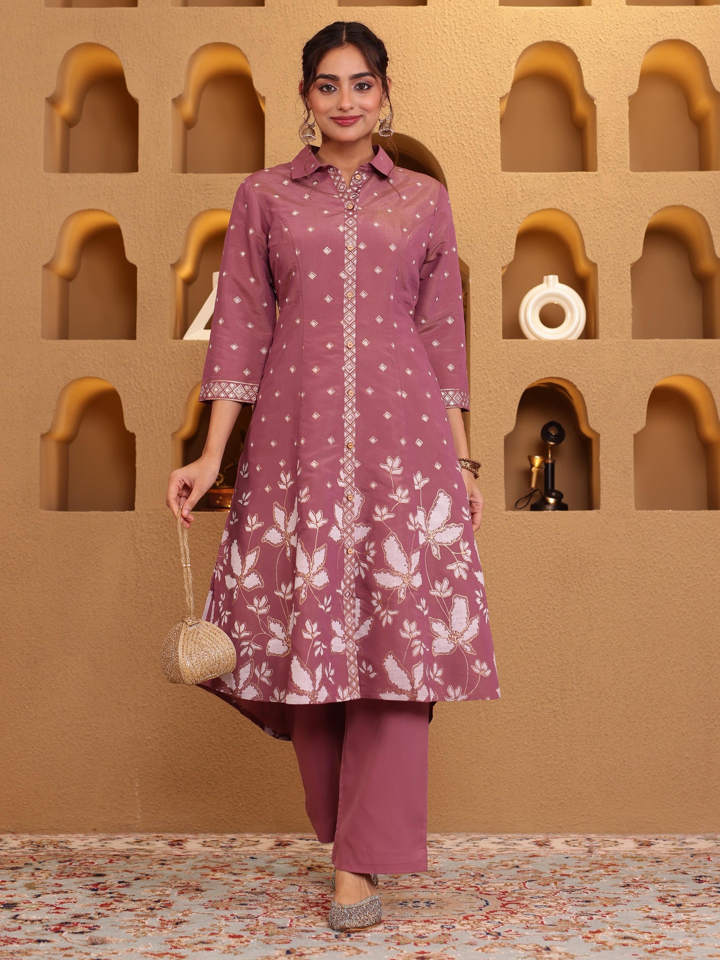 Embroidered Blended Silk Floral High Low Purple Kurta