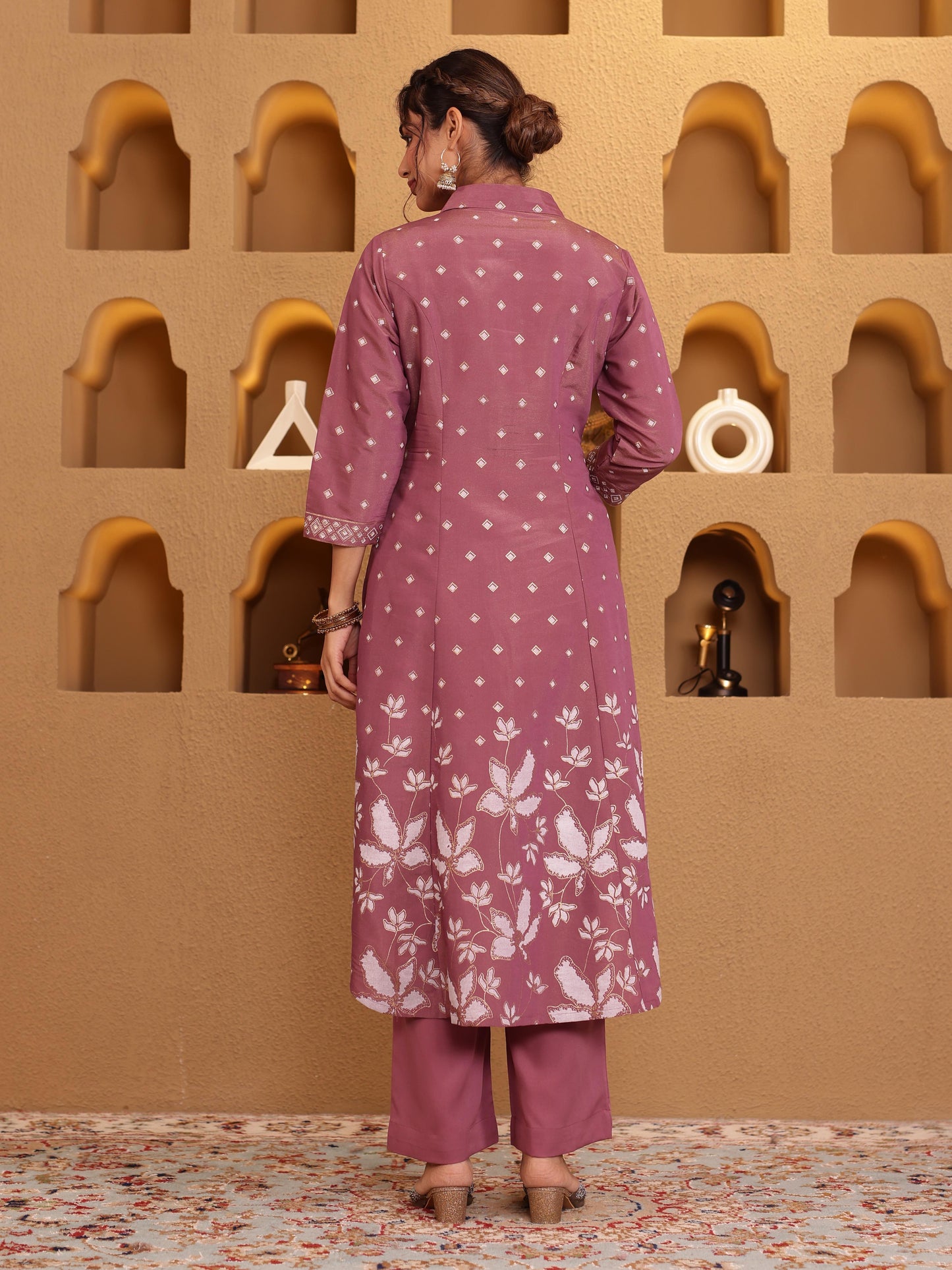 Embroidered Blended Silk Floral High Low Purple Kurta