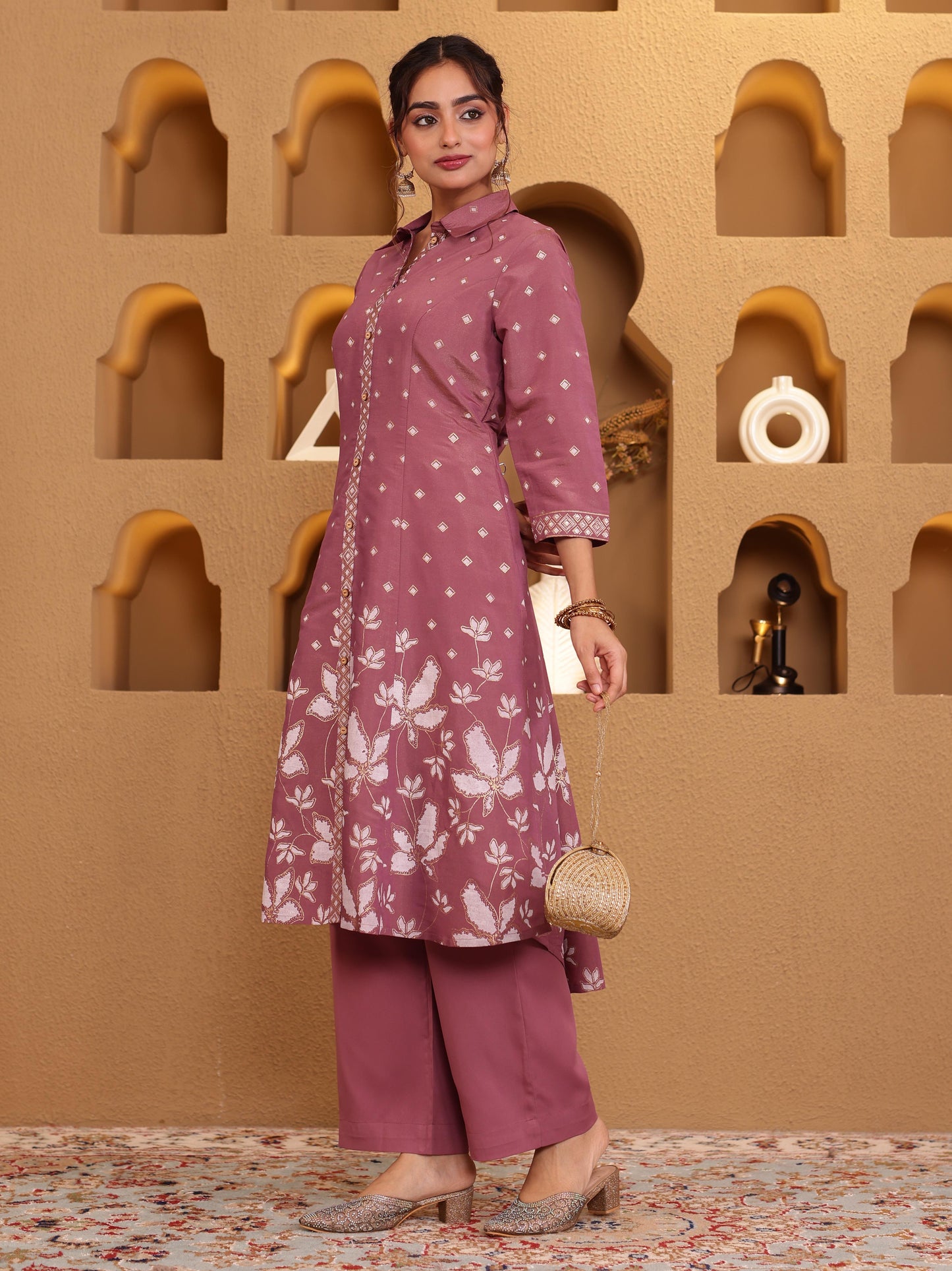Embroidered Blended Silk Floral High Low Purple Kurta