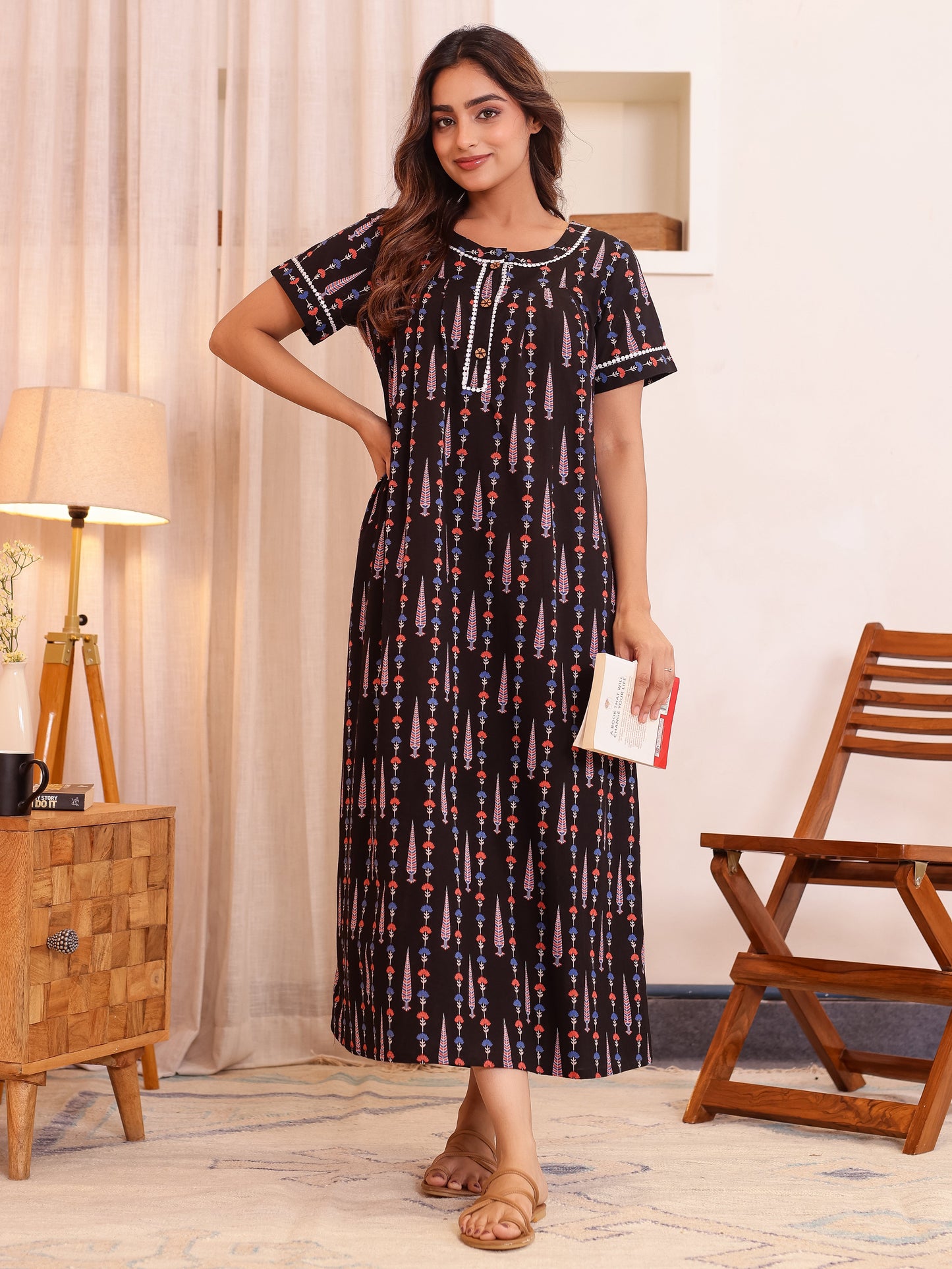 Soft Cotton Butti Anarkali Black Nighty