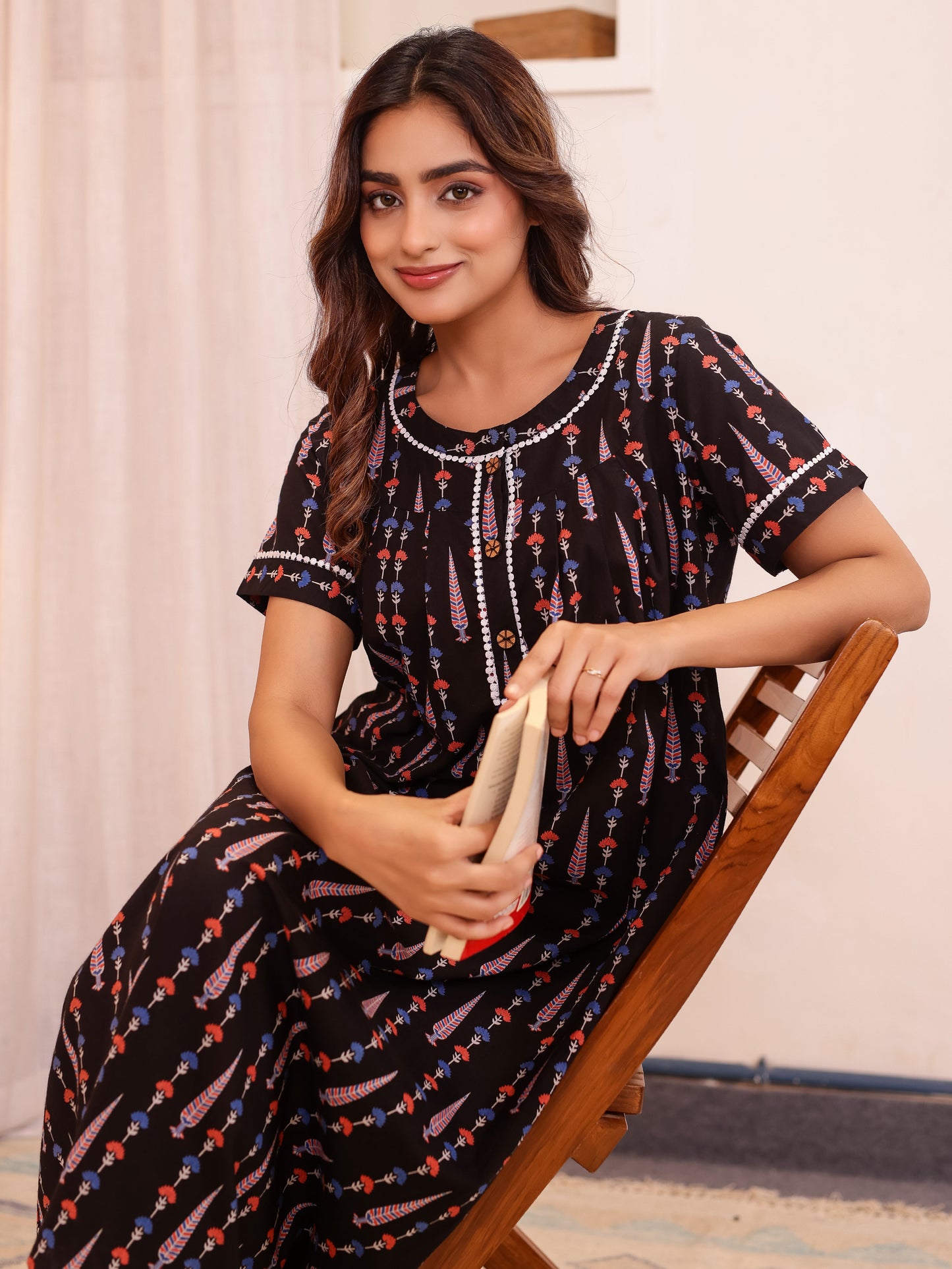Soft Cotton Butti Anarkali Black Nighty