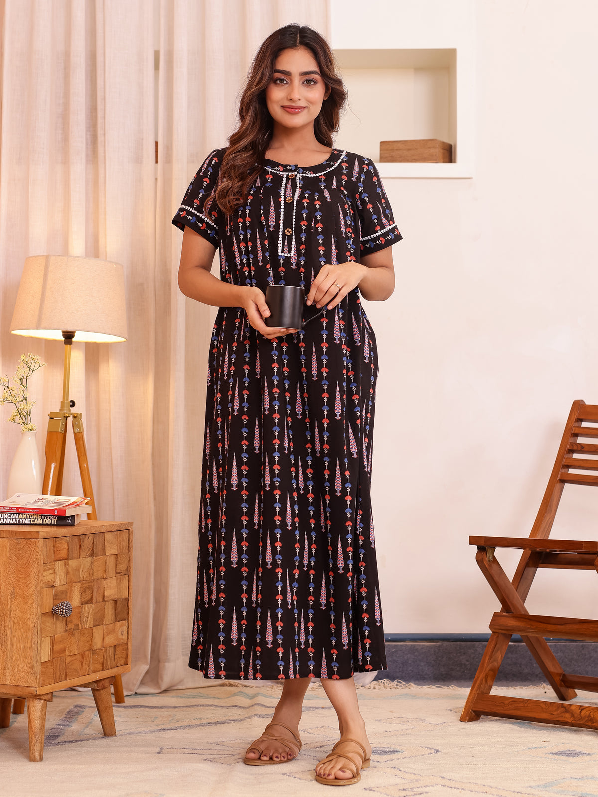 Soft Cotton Butti Anarkali Black Nighty