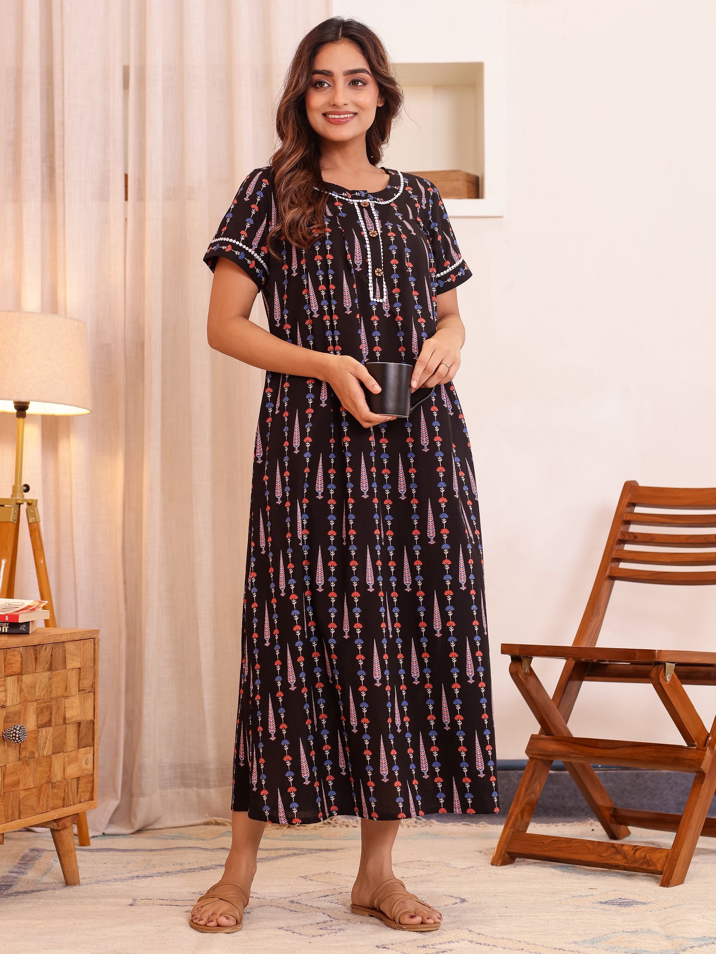 Soft Cotton Butti Anarkali Black Nighty