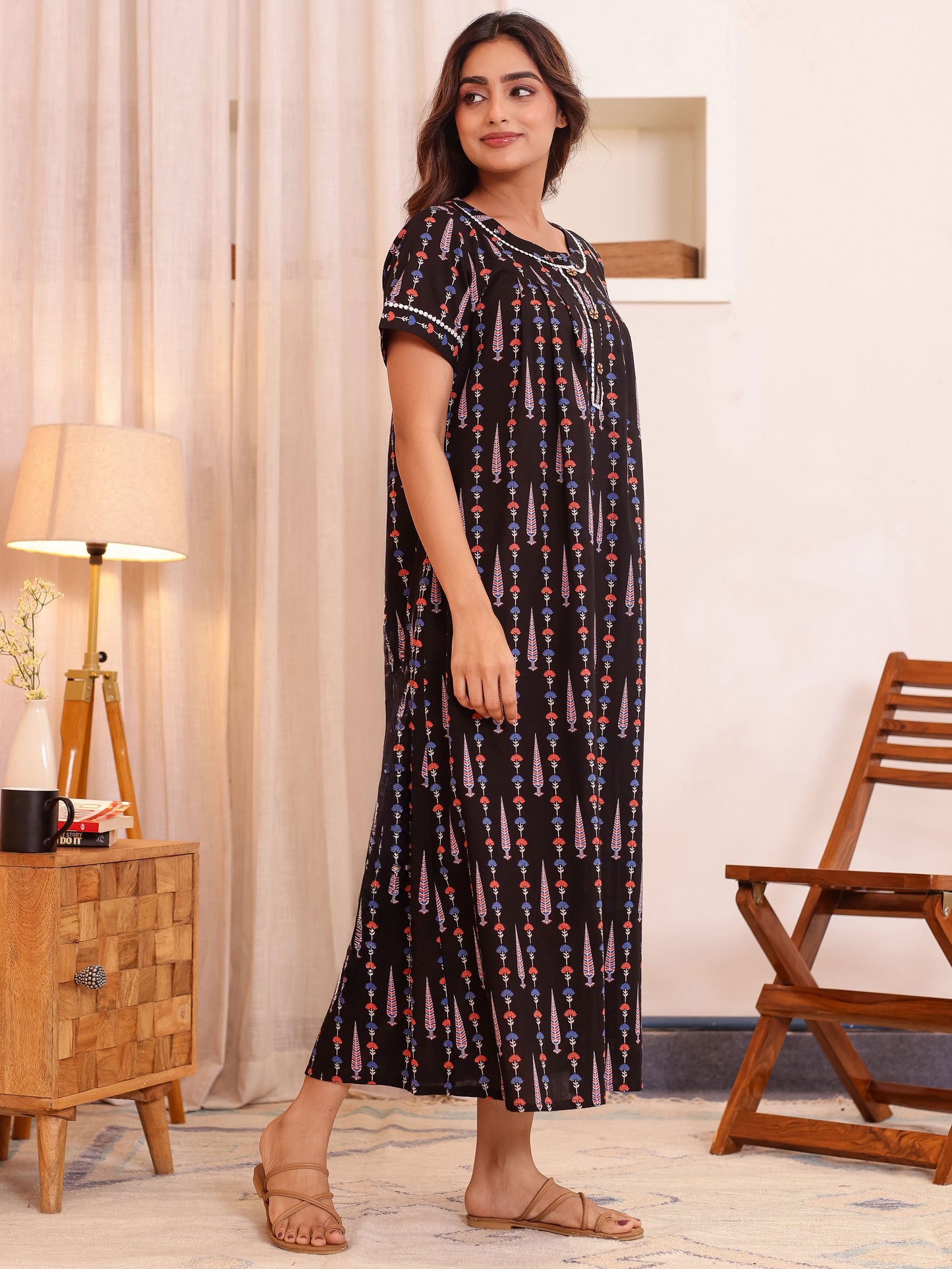 Soft Cotton Butti Anarkali Black Nighty