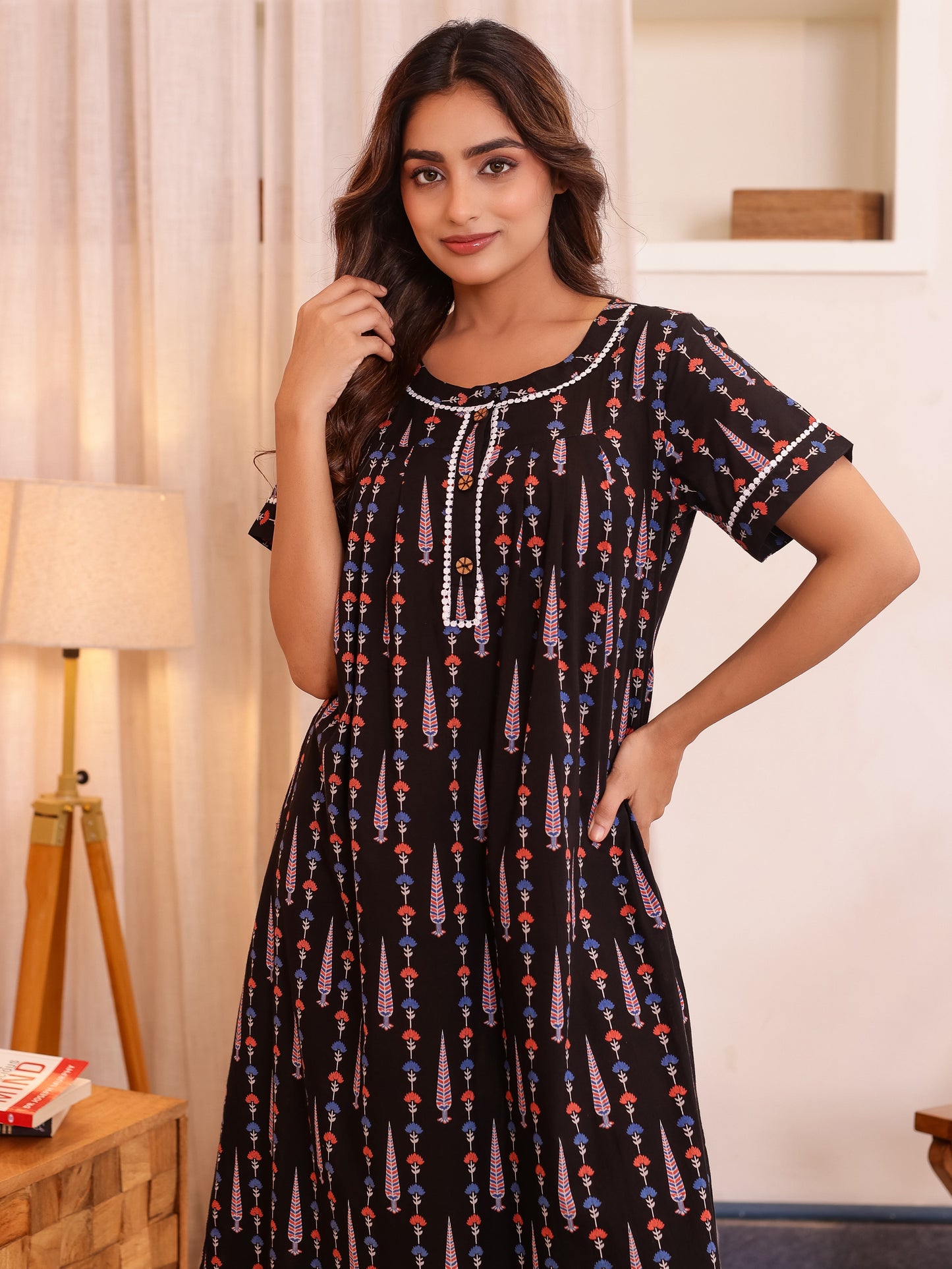 Soft Cotton Butti Anarkali Black Nighty