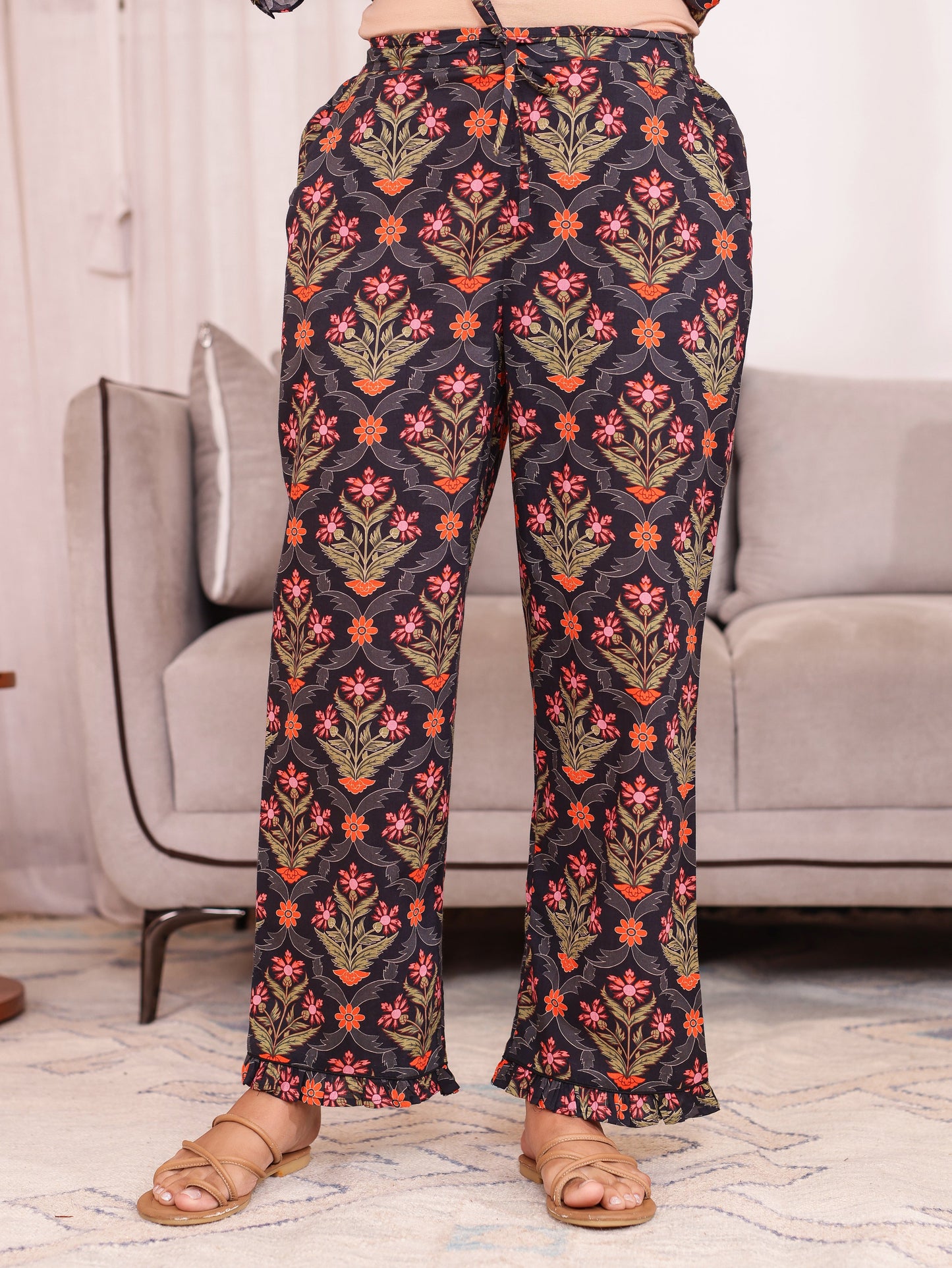 Soft Cotton Floral Black Straight Trousers