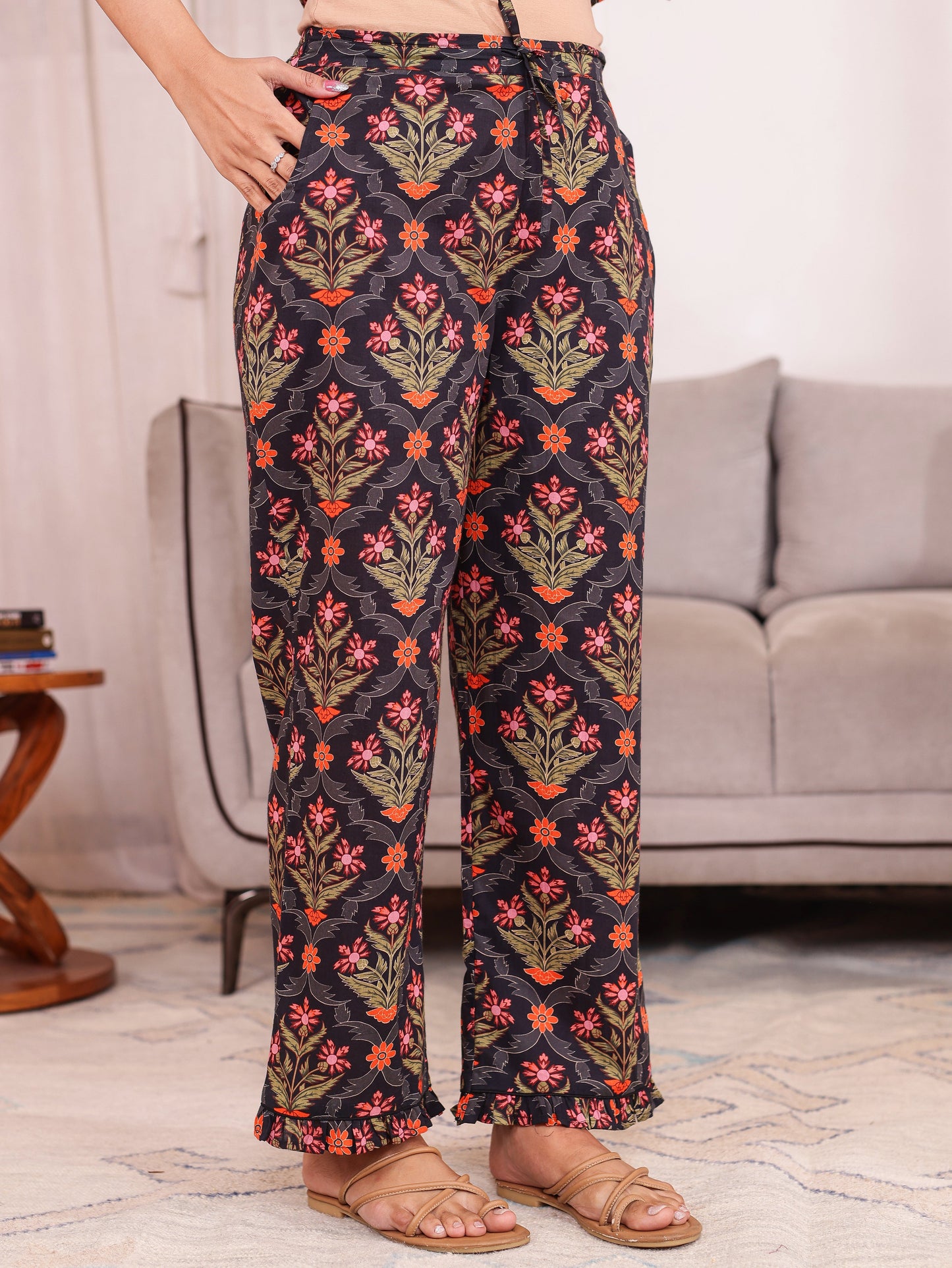 Soft Cotton Floral Black Straight Trousers