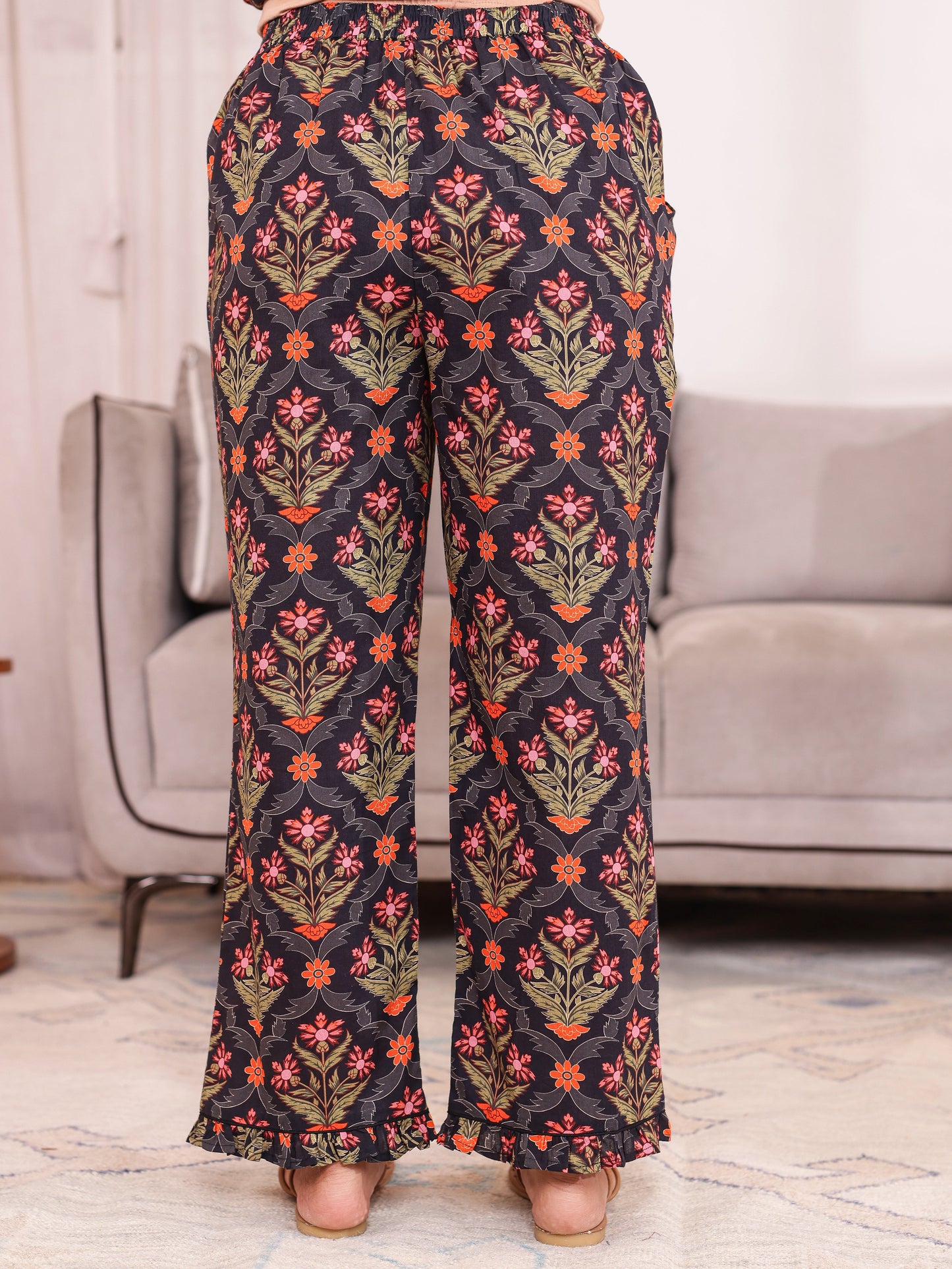 Soft Cotton Floral Straight Black Kurta