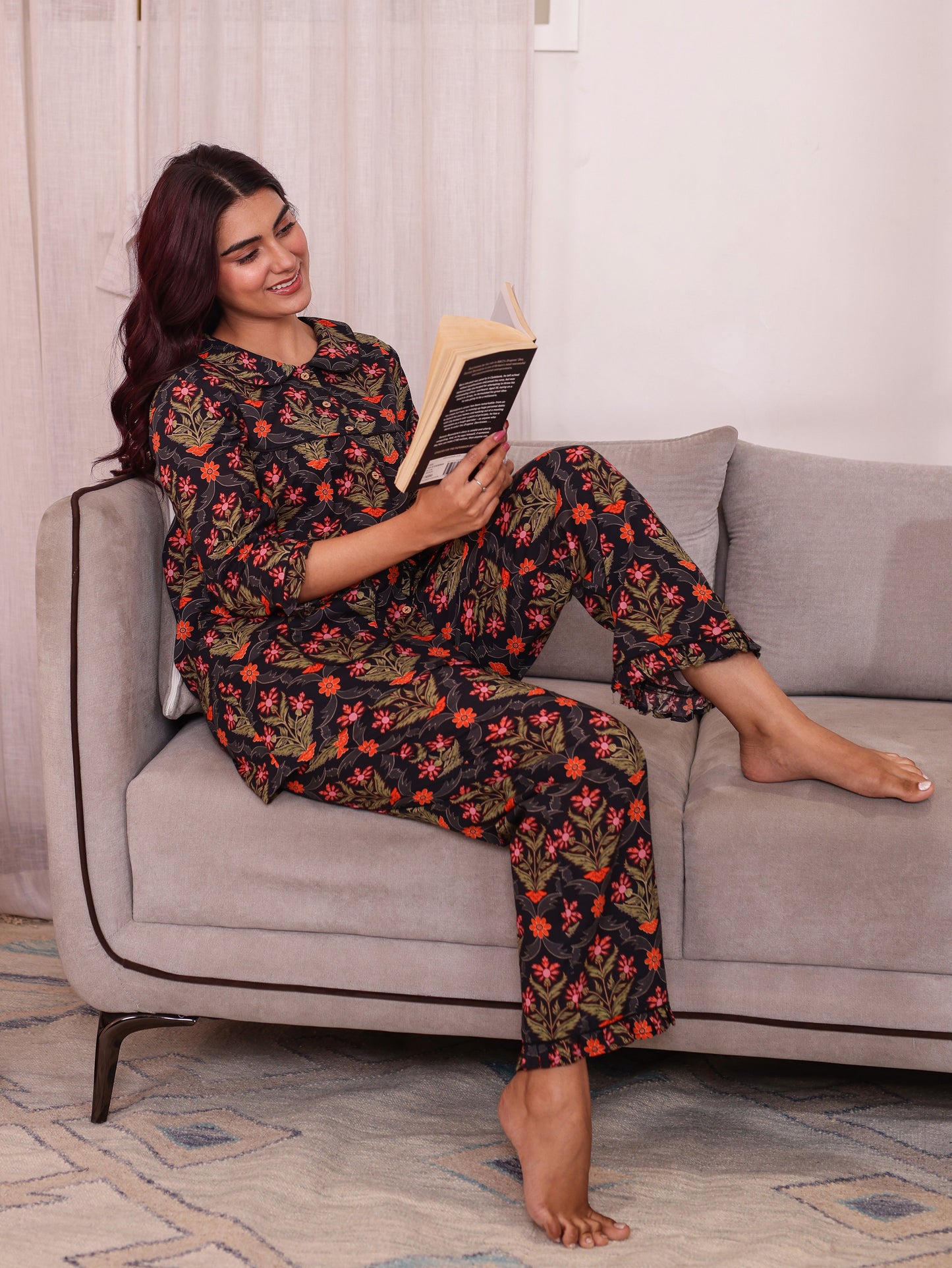 Soft Cotton Floral Straight Black Kurta