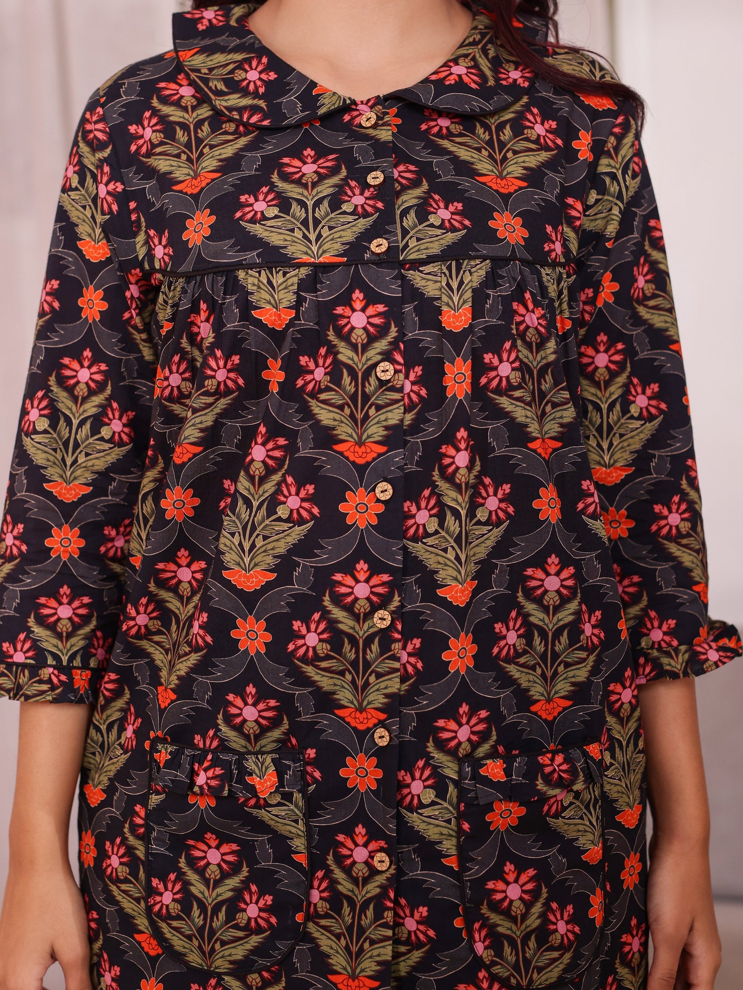 Soft Cotton Floral Straight Black Kurta