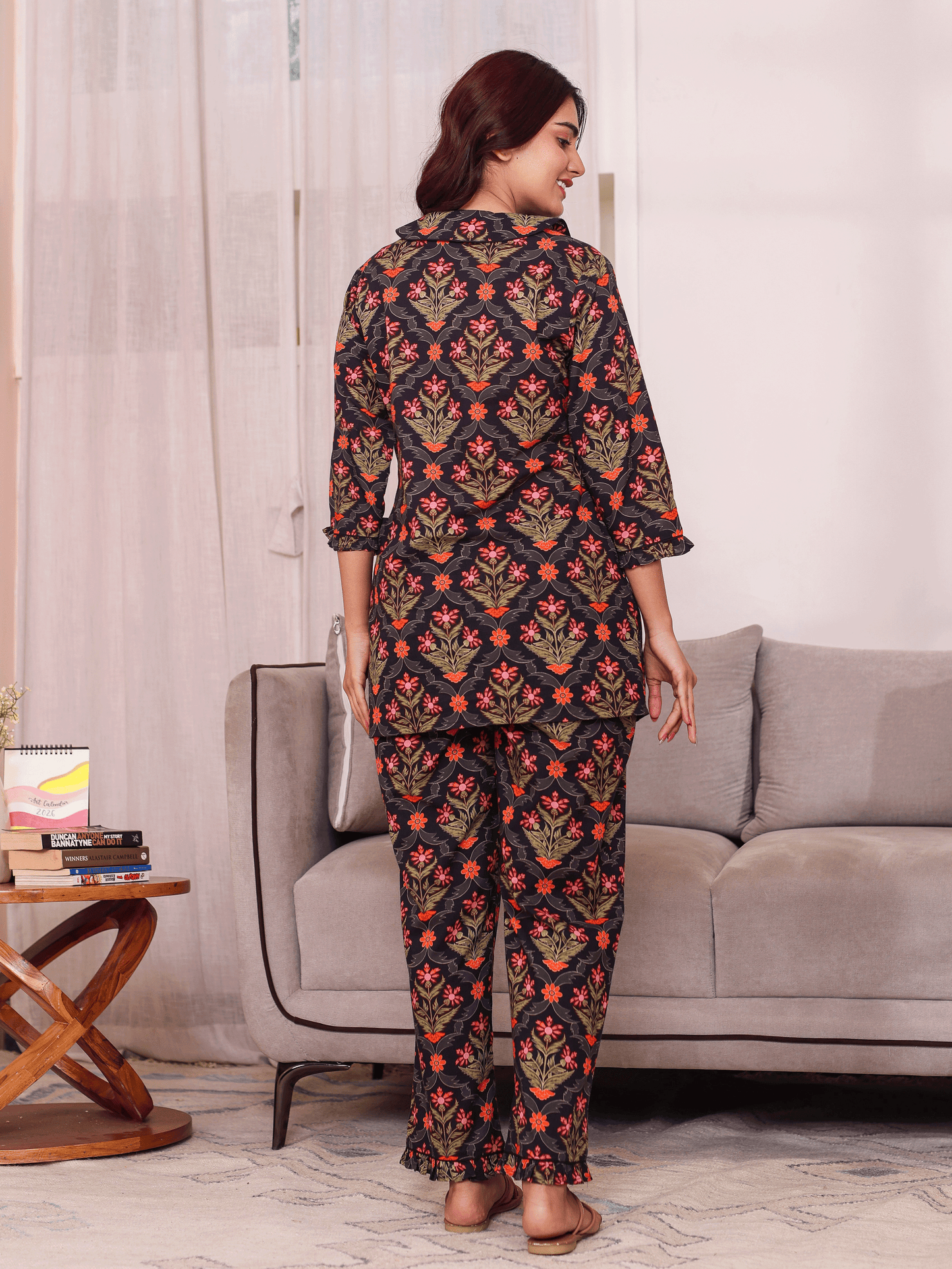 Soft Cotton Floral Straight Black Kurta