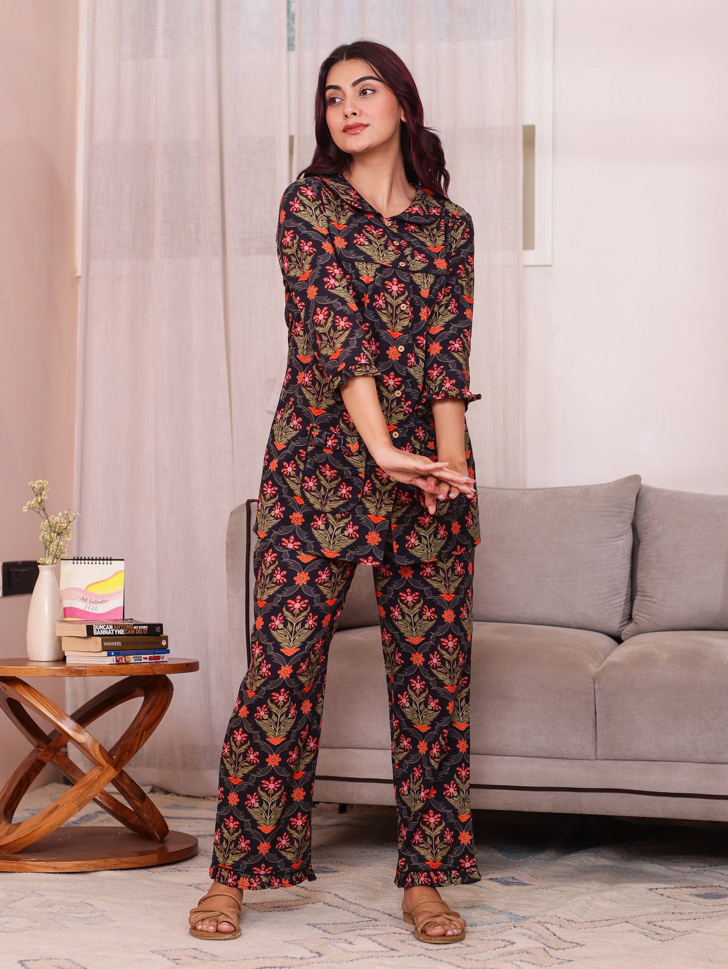 Soft Cotton Floral Straight Black Kurta