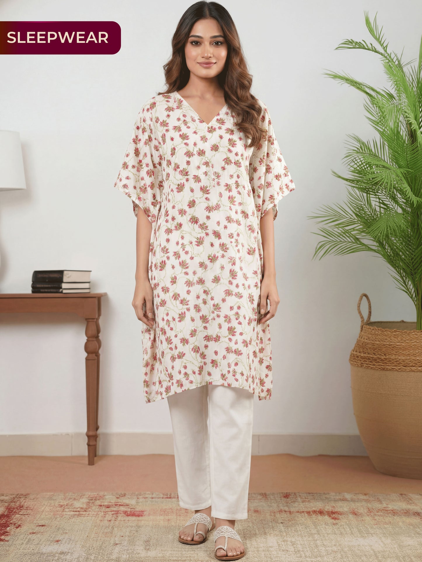 Soft Cotton Floral Kaftan White Kurta