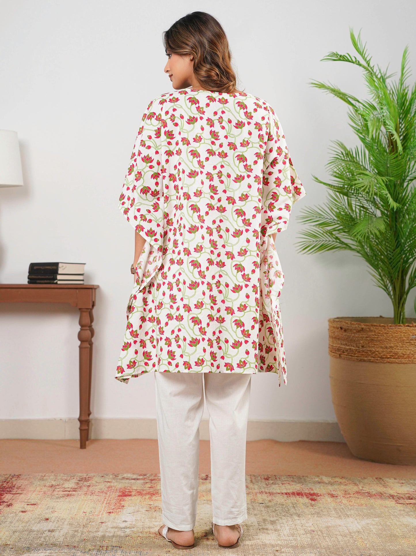 Soft Cotton Floral Kaftan White Kurta