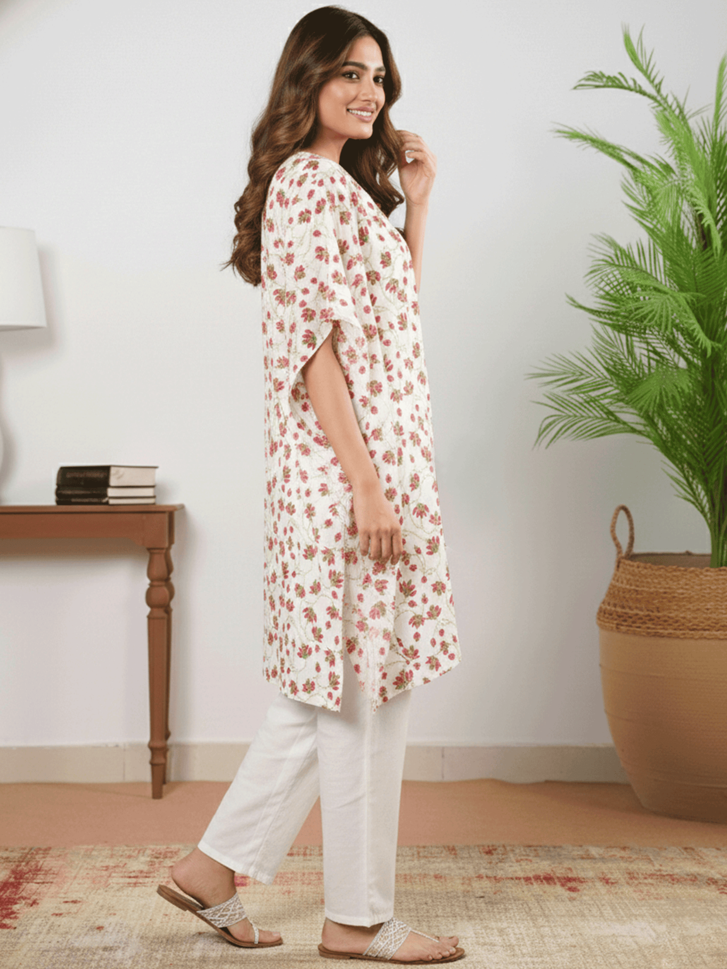Soft Cotton Floral Kaftan White Kurta