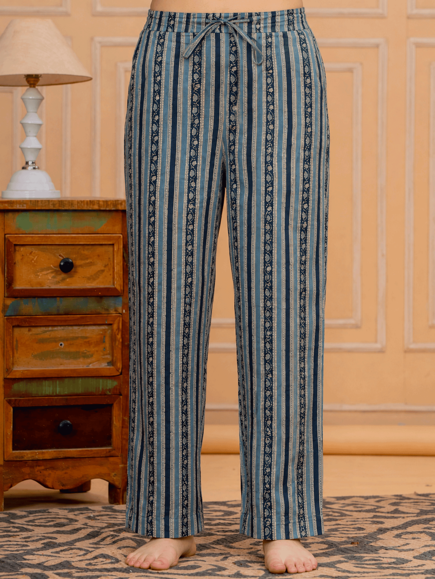 Soft Cotton Floral Blue Straight Trousers