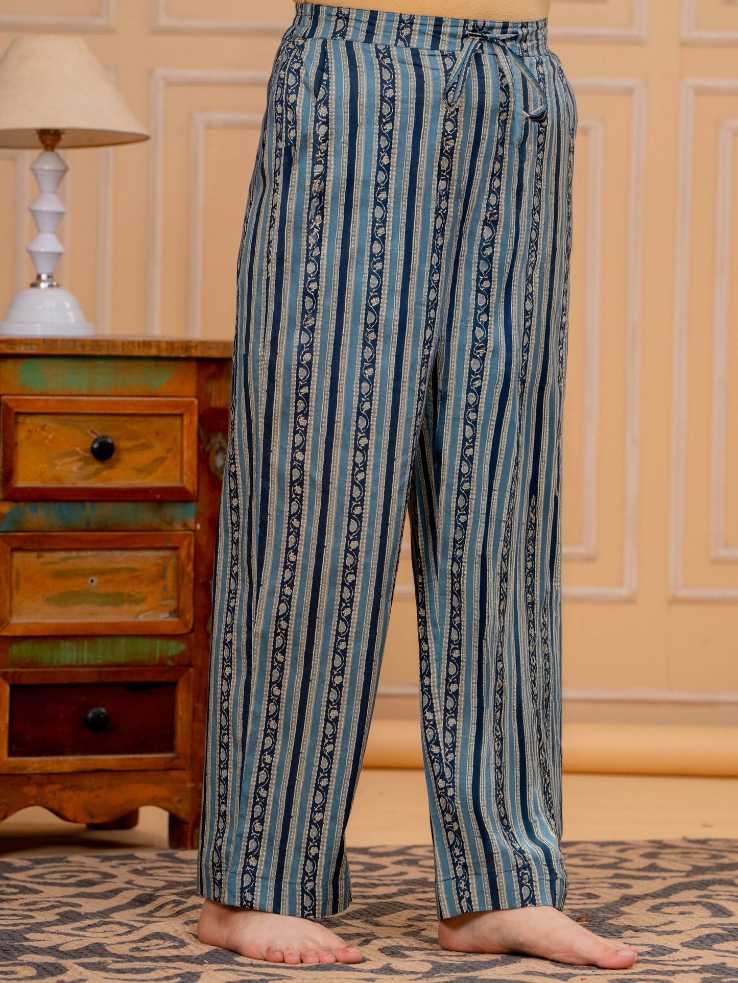 Soft Cotton Floral Blue Straight Trousers