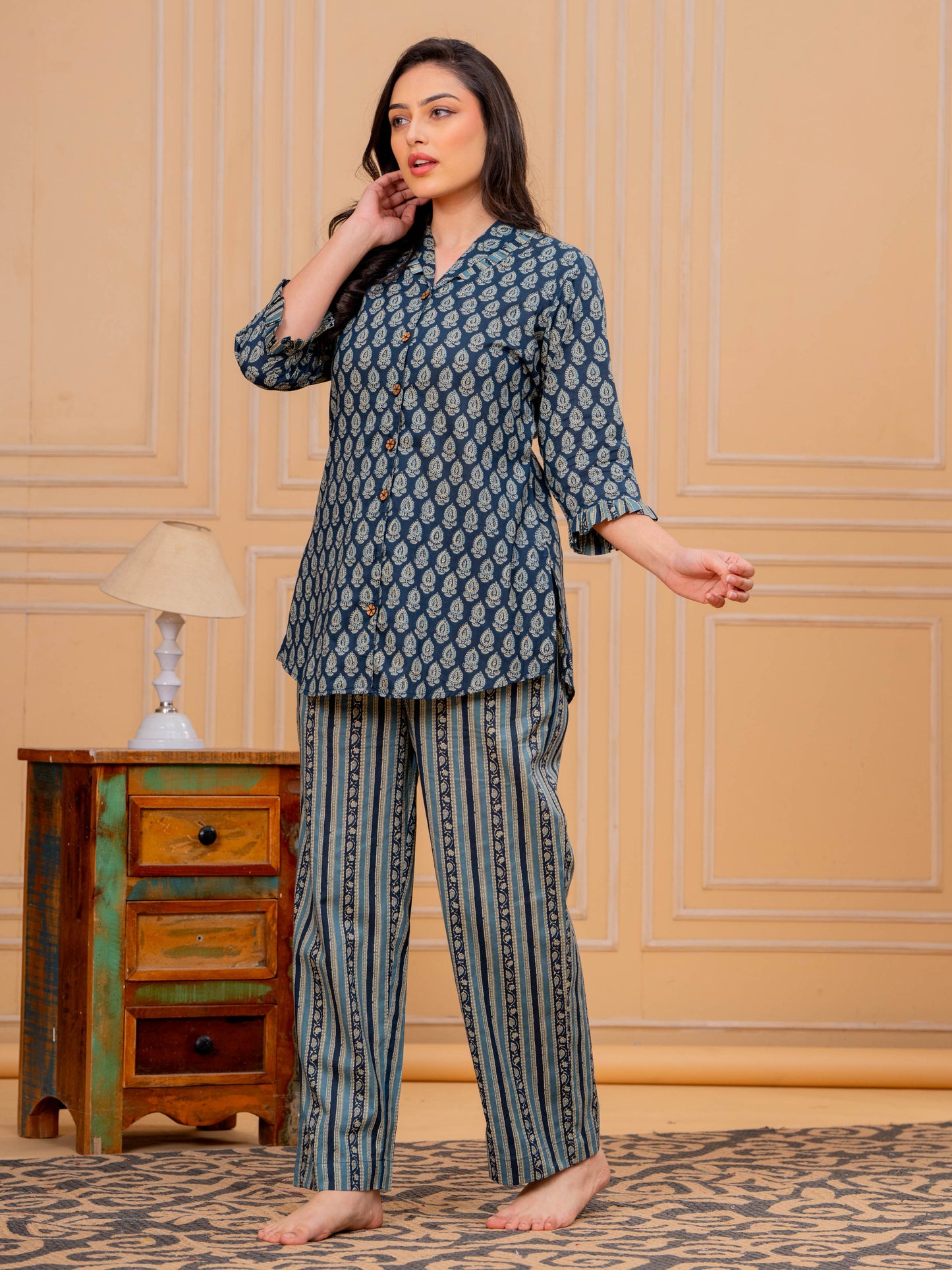 Soft Cotton Butti Straight Blue Top