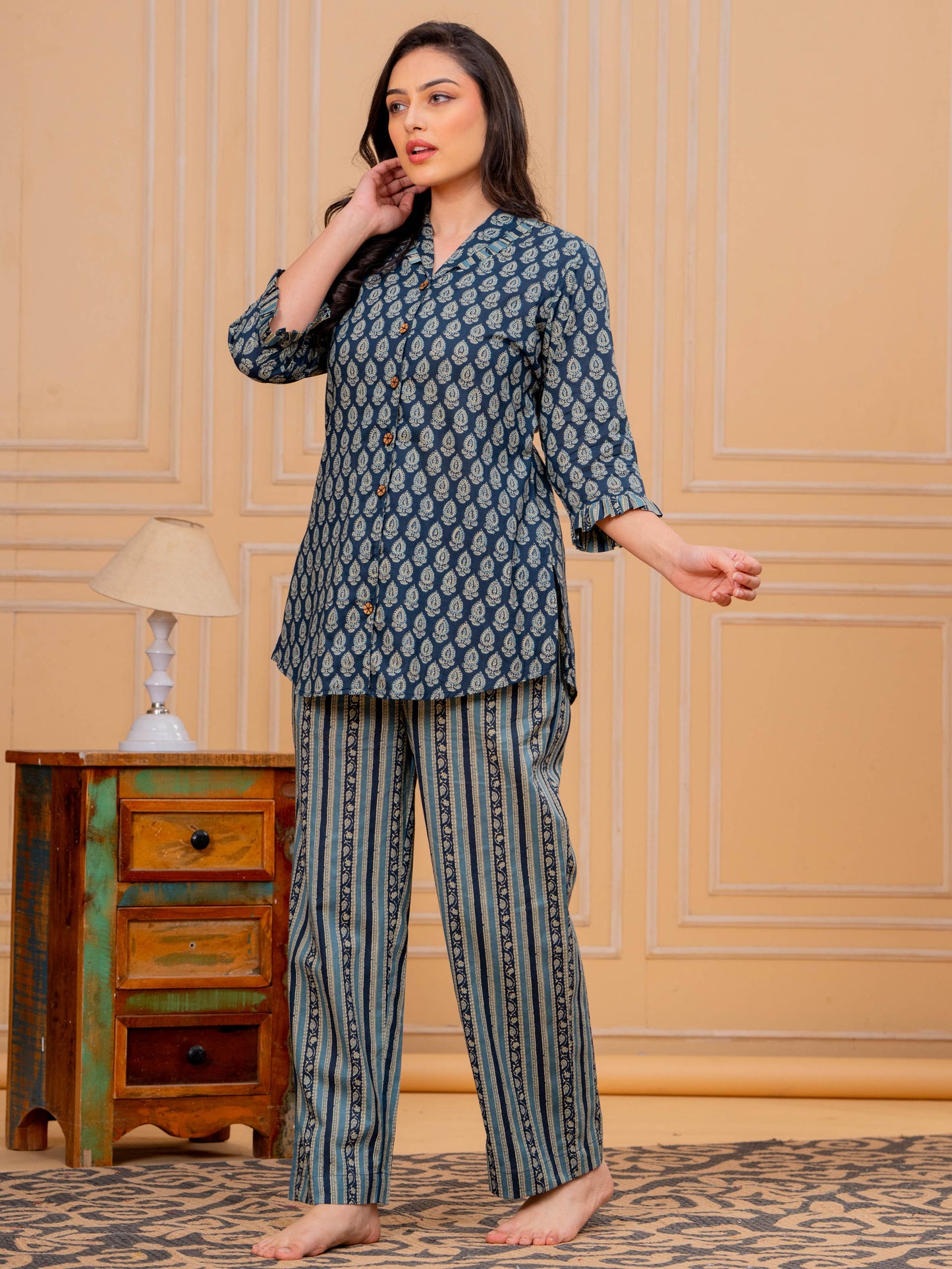 Soft Cotton Butti Straight Blue Top