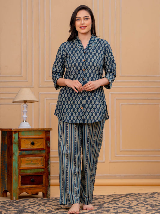 Soft Cotton Butti Straight Blue Top