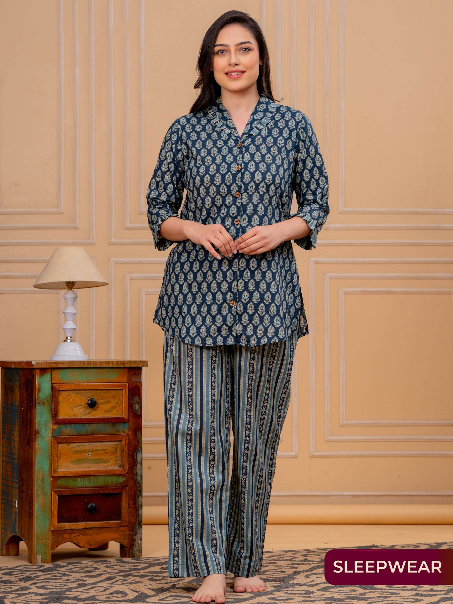 Soft Cotton Butti Straight Blue Top