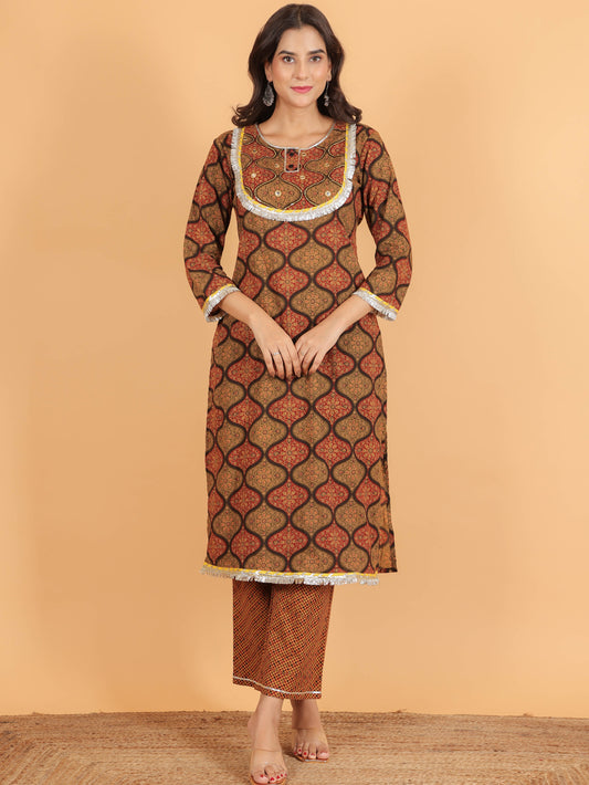 Soft Cotton Geometric Straight Brown Kurta