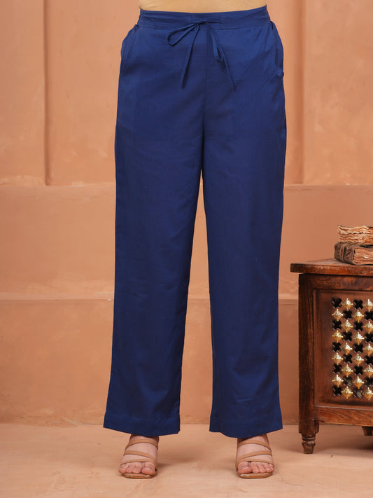 Soft Cotton Solid Navy Blue Straight Trousers