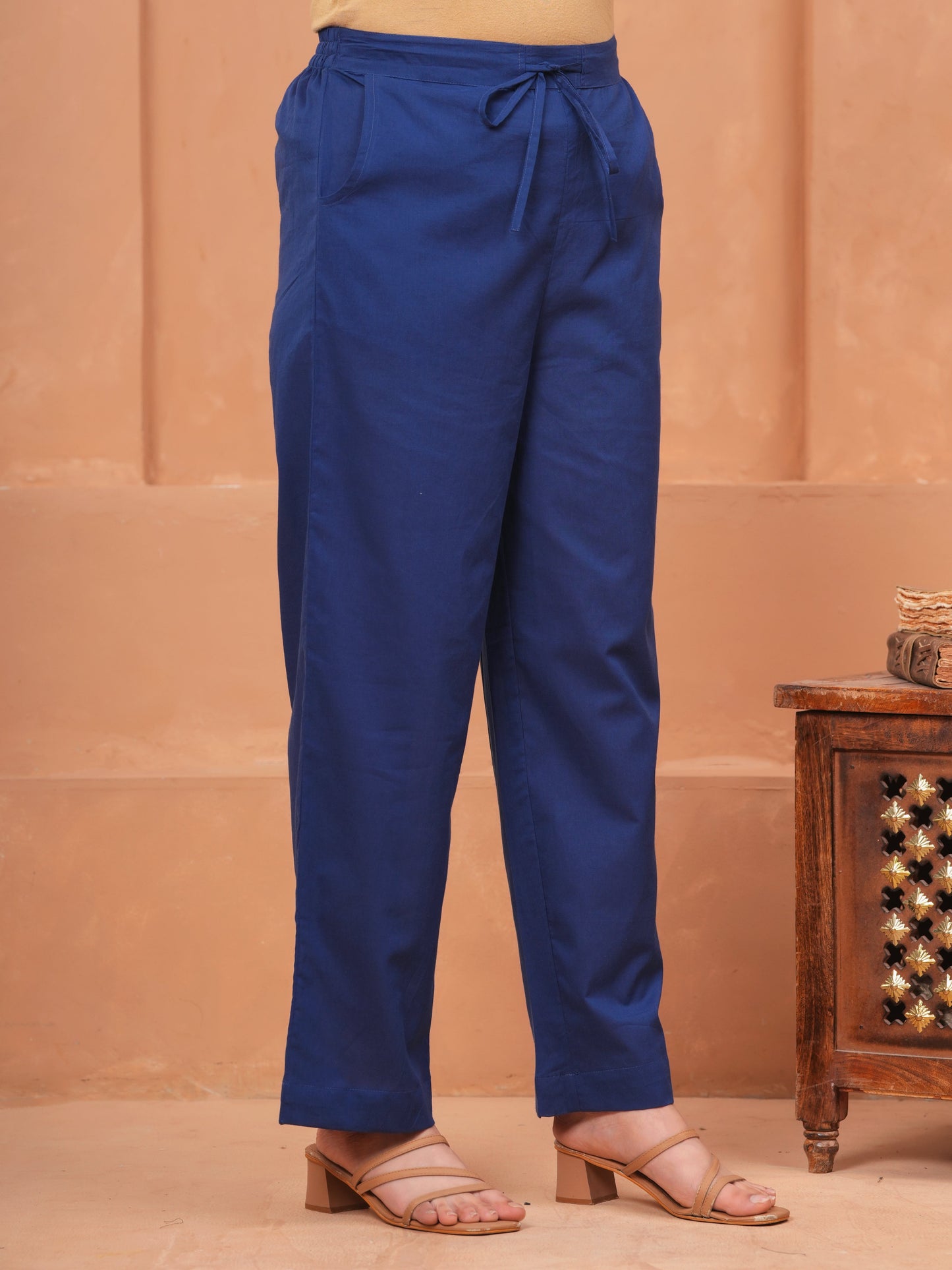 Soft Cotton Solid Navy Blue Straight Trousers