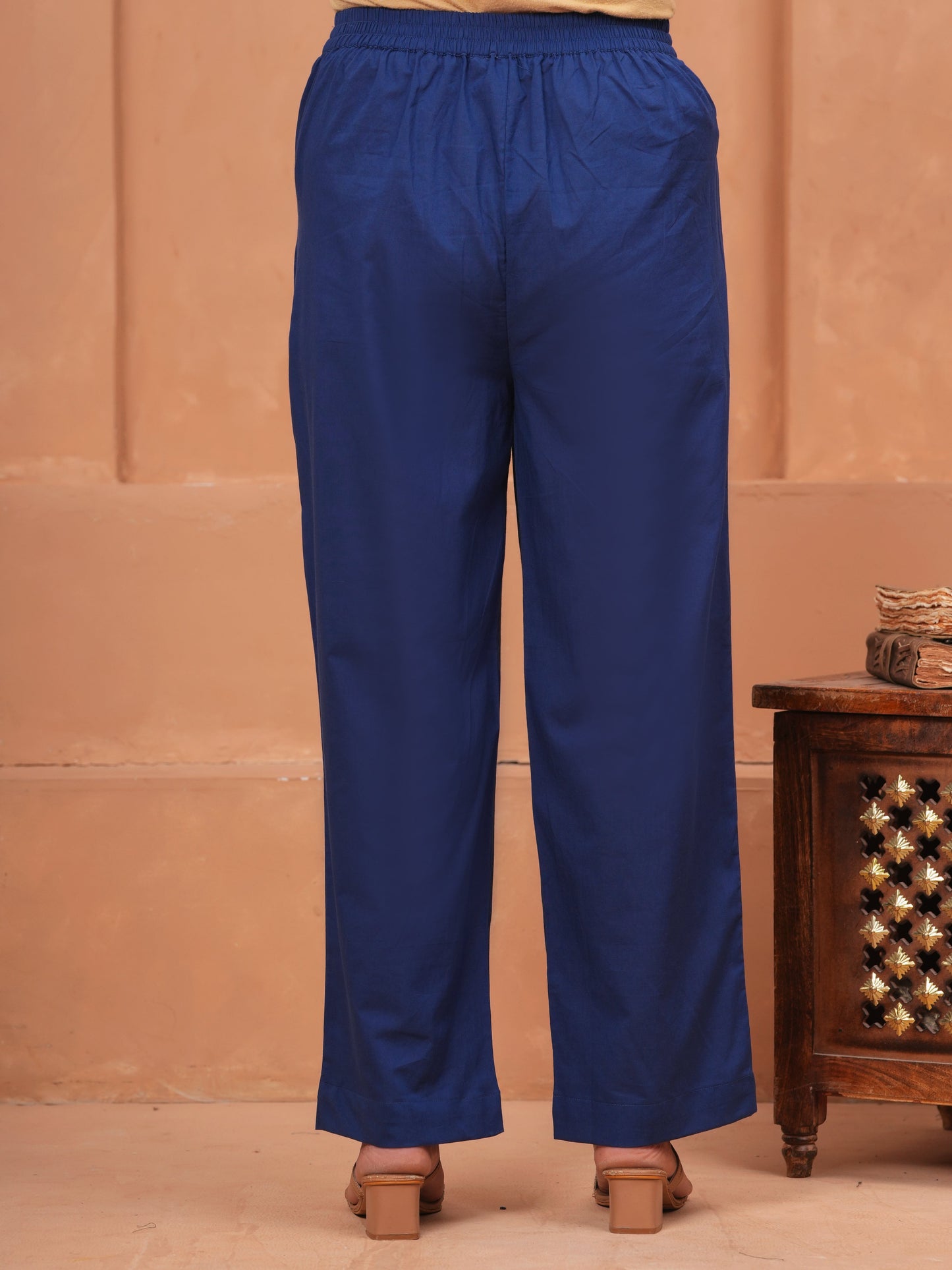 Soft Cotton Solid Navy Blue Straight Trousers