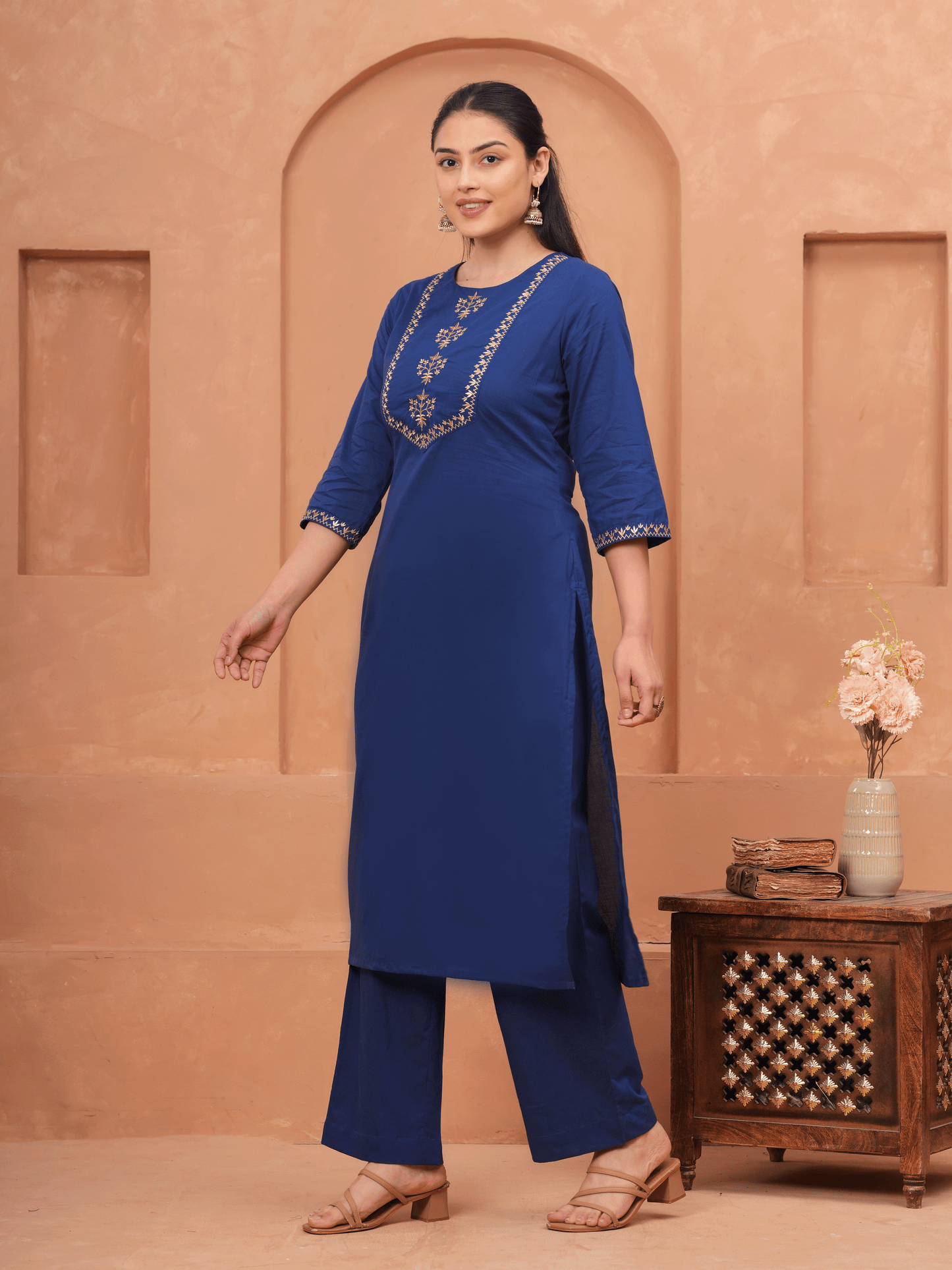 Embroidered Soft Cotton Solid Straight Navy Blue Kurta