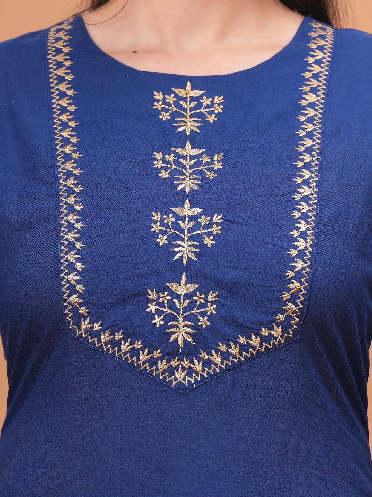 Embroidered Soft Cotton Solid Straight Navy Blue Kurta