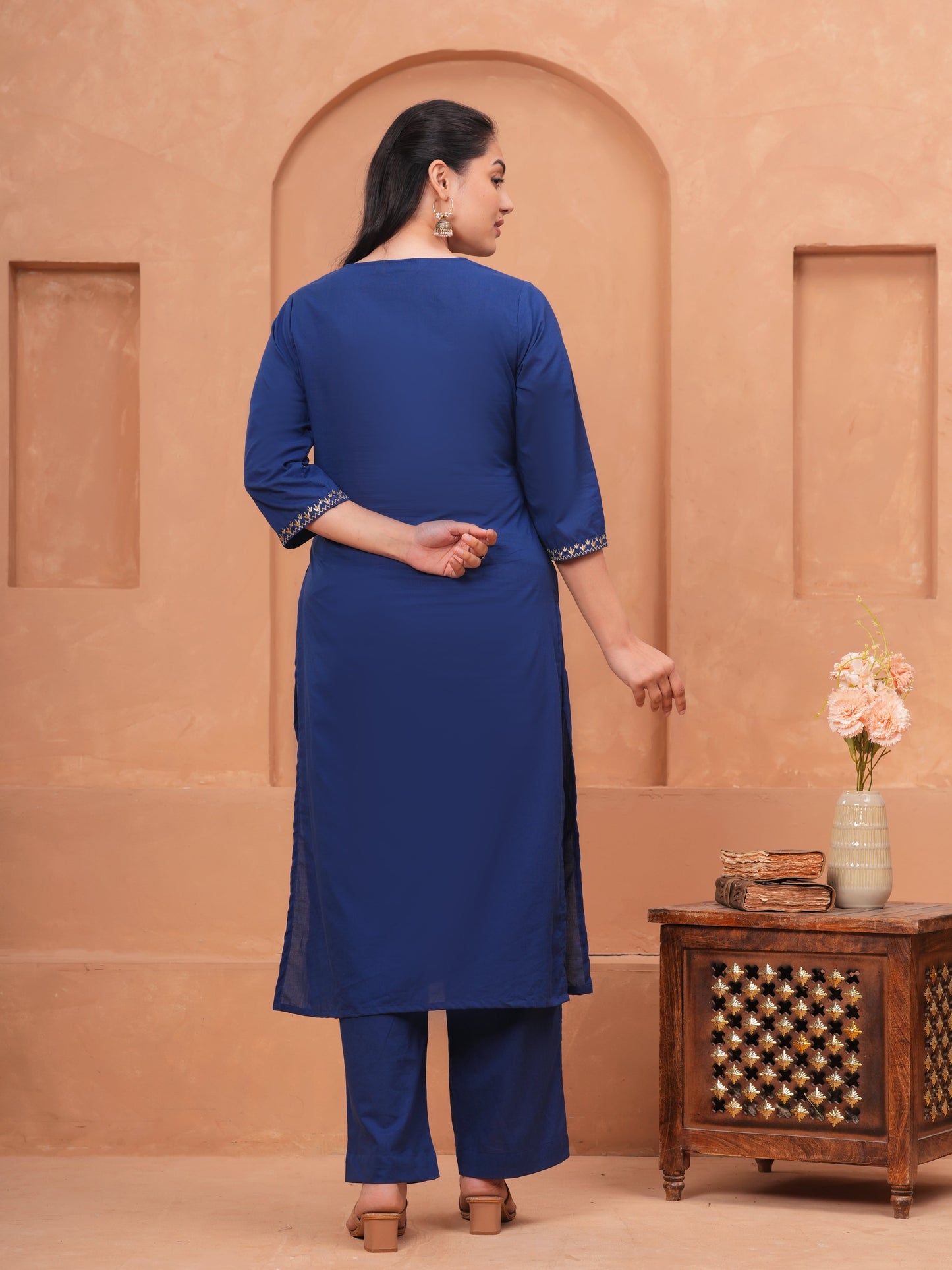 Embroidered Soft Cotton Solid Straight Navy Blue Kurta