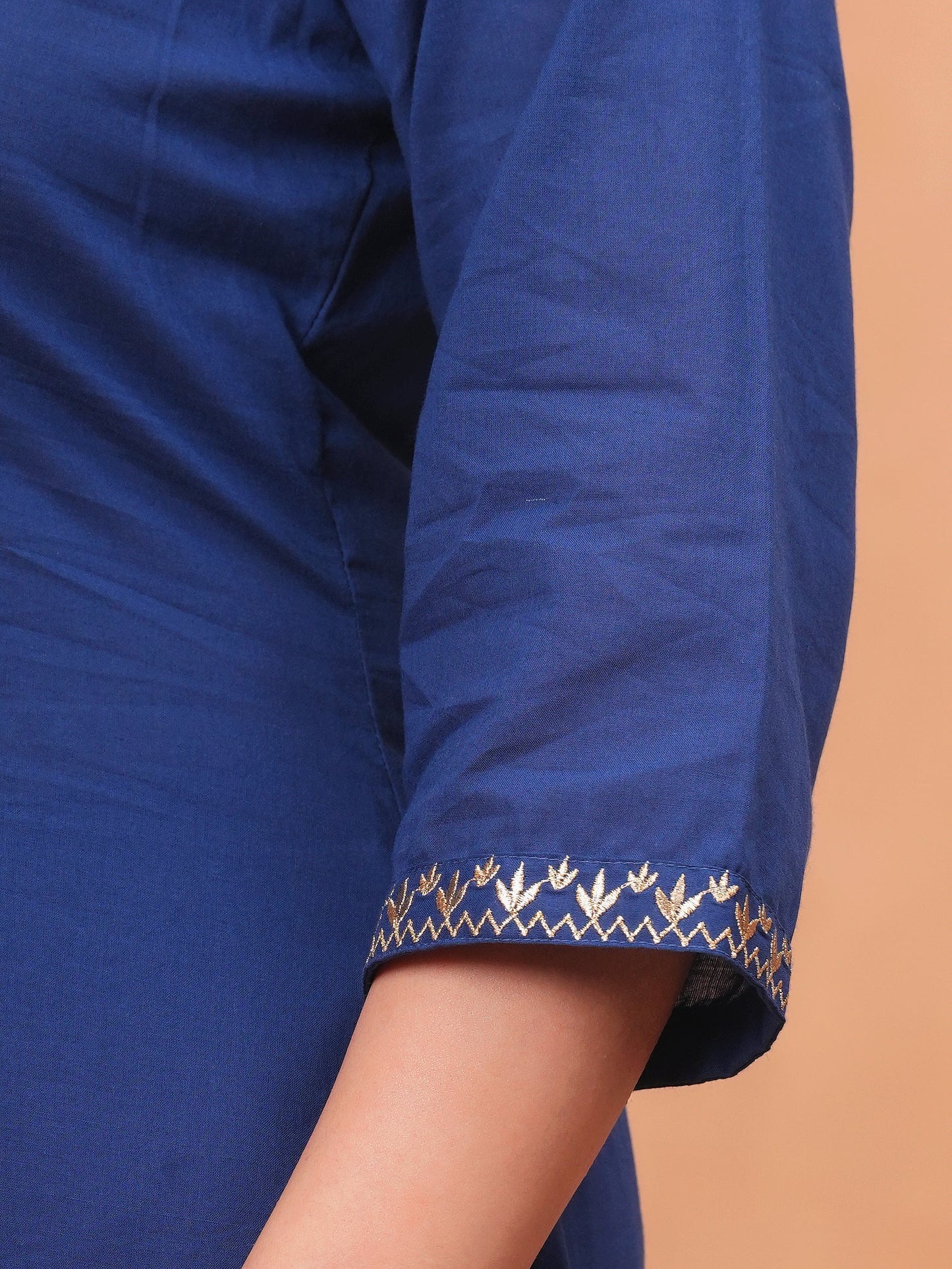 Embroidered Soft Cotton Solid Straight Navy Blue Kurta