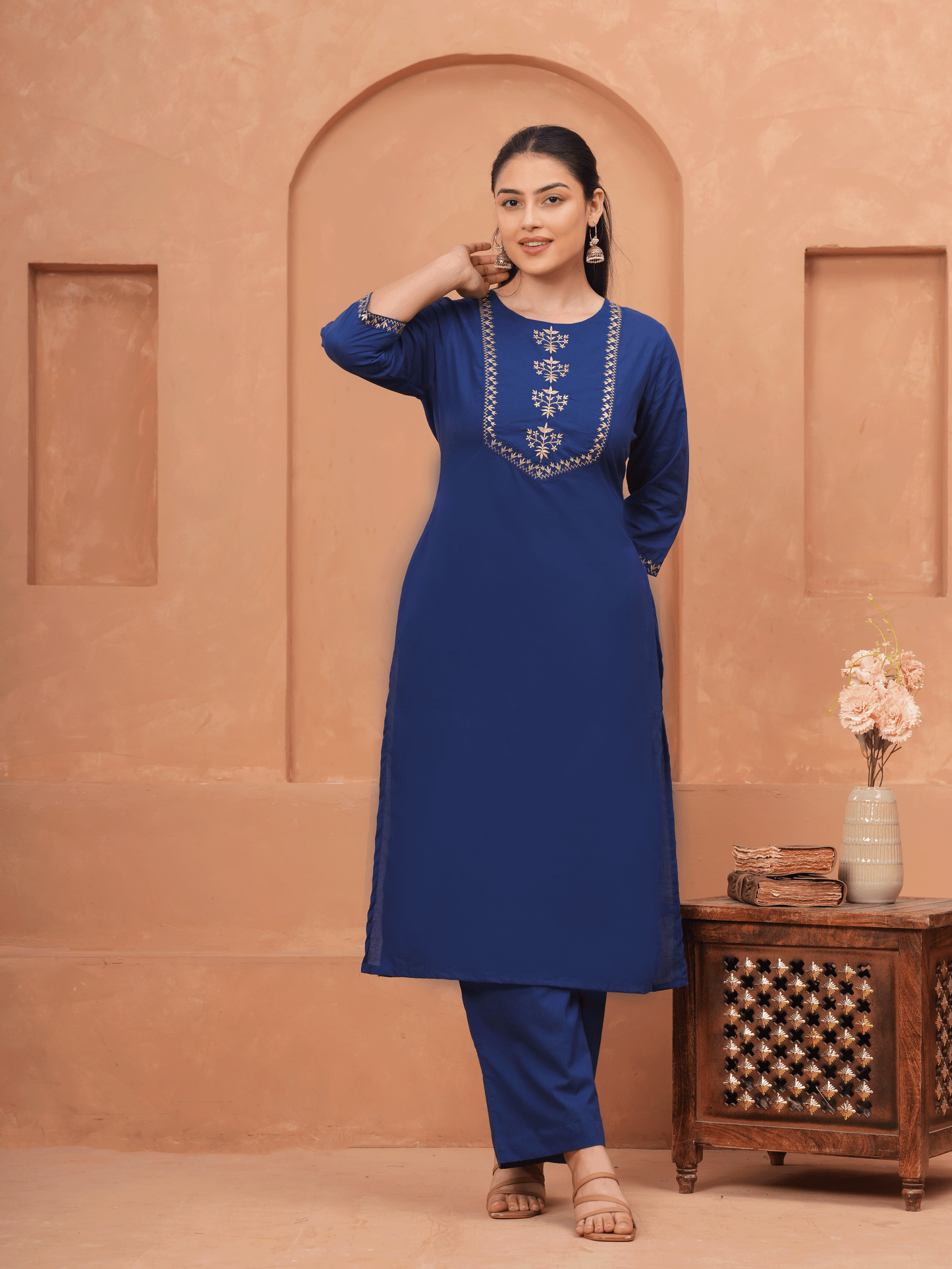 Embroidered Soft Cotton Solid Straight Navy Blue Kurta