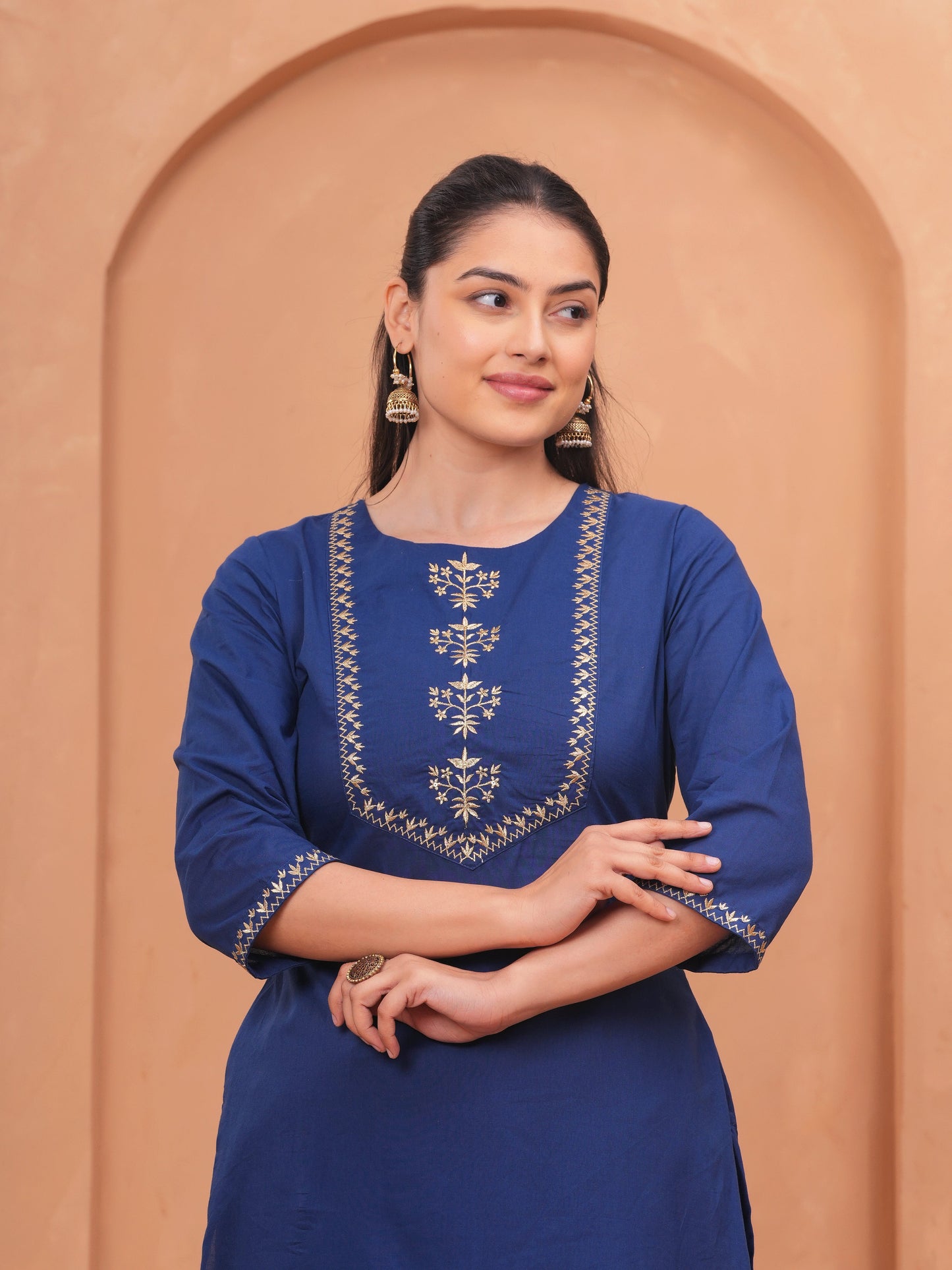 Embroidered Soft Cotton Solid Straight Navy Blue Kurta