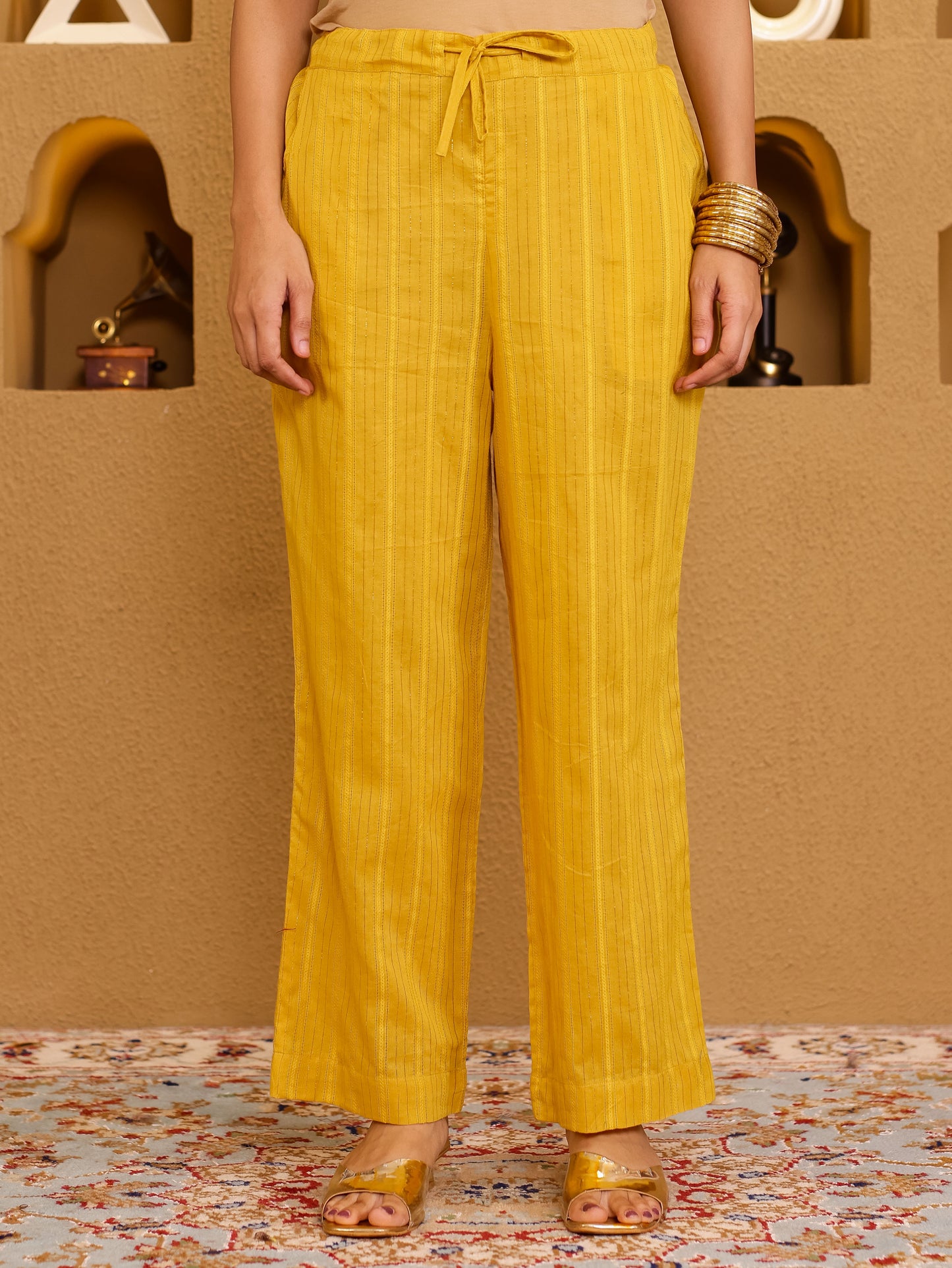 Lurex Cotton Solid Yellow Straight Trousers
